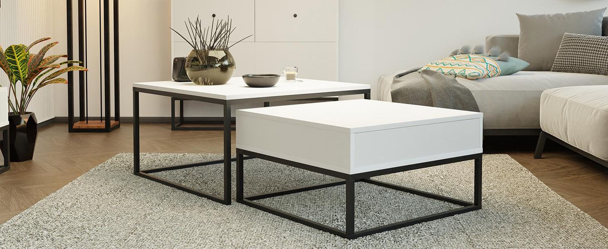 Idohome - Couchtisch 2er Set 2in1, mit Schublade und Stauraum, Push-to-Open, Metallrahmen, ELEGANT - Farbe Mattweiß