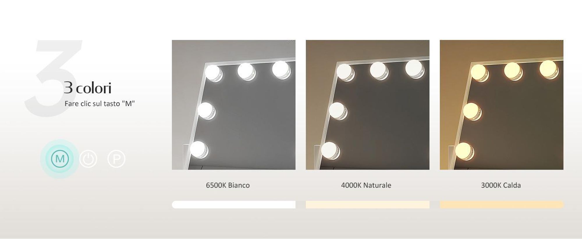 Specchio cosmetico EMKE con illuminazione a LED 47,5 x 36,5 cm Specchio per trucco Ingrandimento 7x 3 colori di luce Dimmerabile Ruotabile a 360°, bianco
