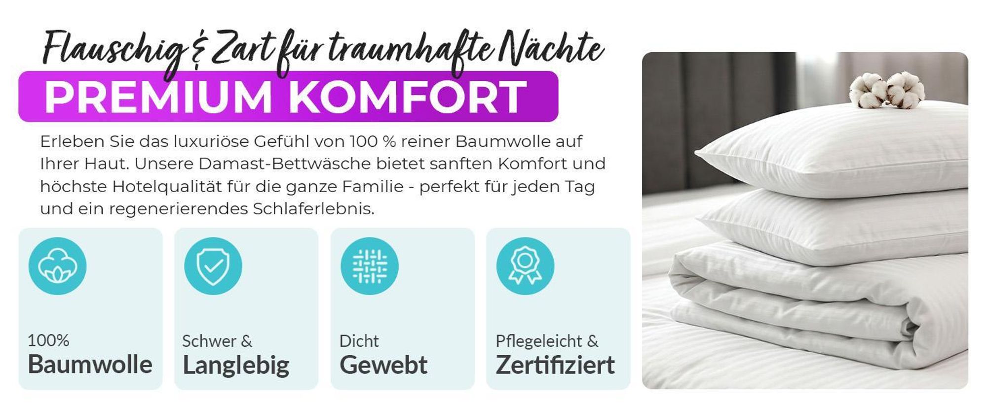 EllaTex Kissenbezug 80x80 cm 100% Baumwolle Damast Streifen Hotelverschluss