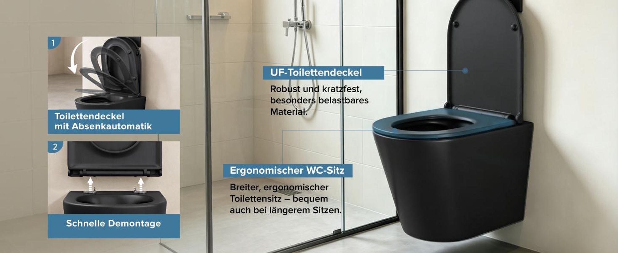 doporro Wand WC Design WC schwarz matt inkl. Softclose Absenkautomatik 49x35,5x35 cm Hänge-Toilette Weiß spülrandlos Hänge-WC aus Keramik Aachen108