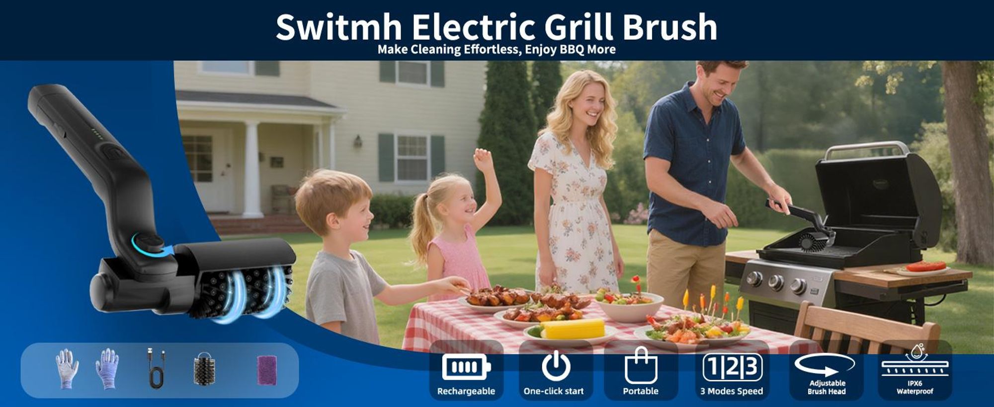 Elektrische Grillbürste 2600mAh 3einstellbare Geschwindigkeit BBQ Grillbürste, 180°Einstellbar, Edelstahl Drehbürstenkopf Grillbürste Reinigungsbürste