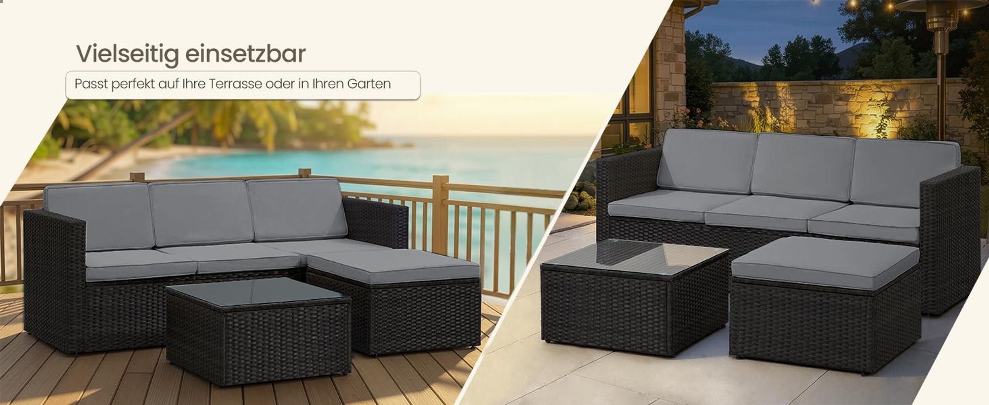 SONGMICS (5-tlg) Gartenlounge-Set, Tisch, Fußhocker und Sofa, mit Kissen, schwarz-grau
