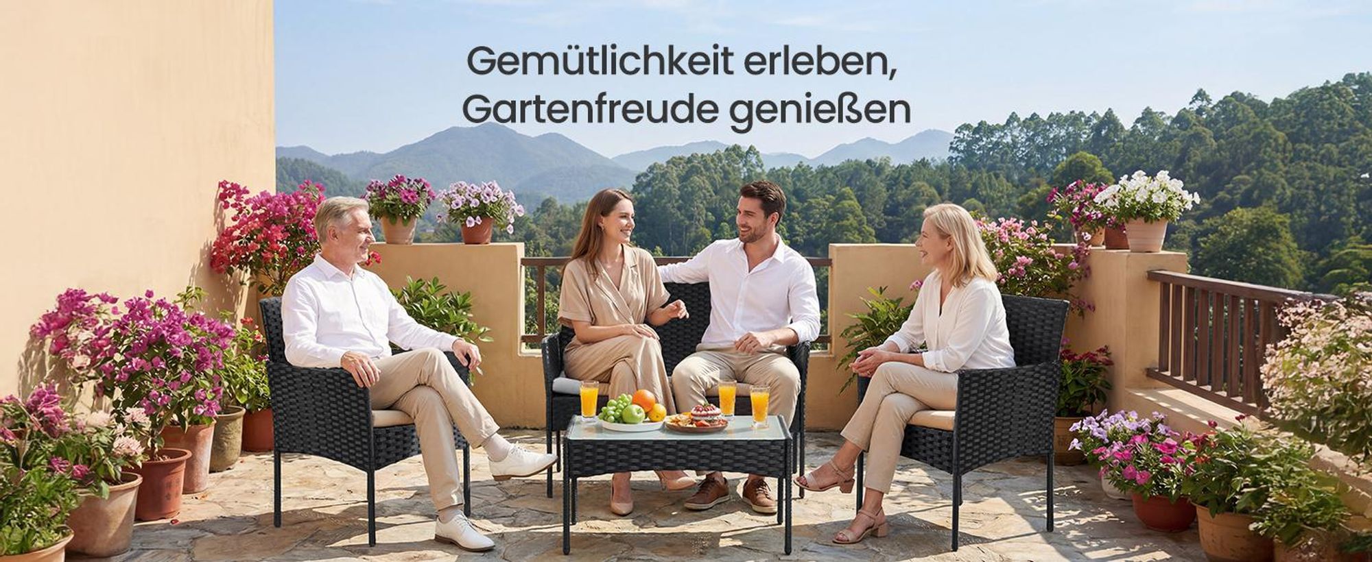 SONGMICS (4-tlg) Gartenlounge-Set, Balkonmöbel, aus PE-Polyrattan, schwarz-grau