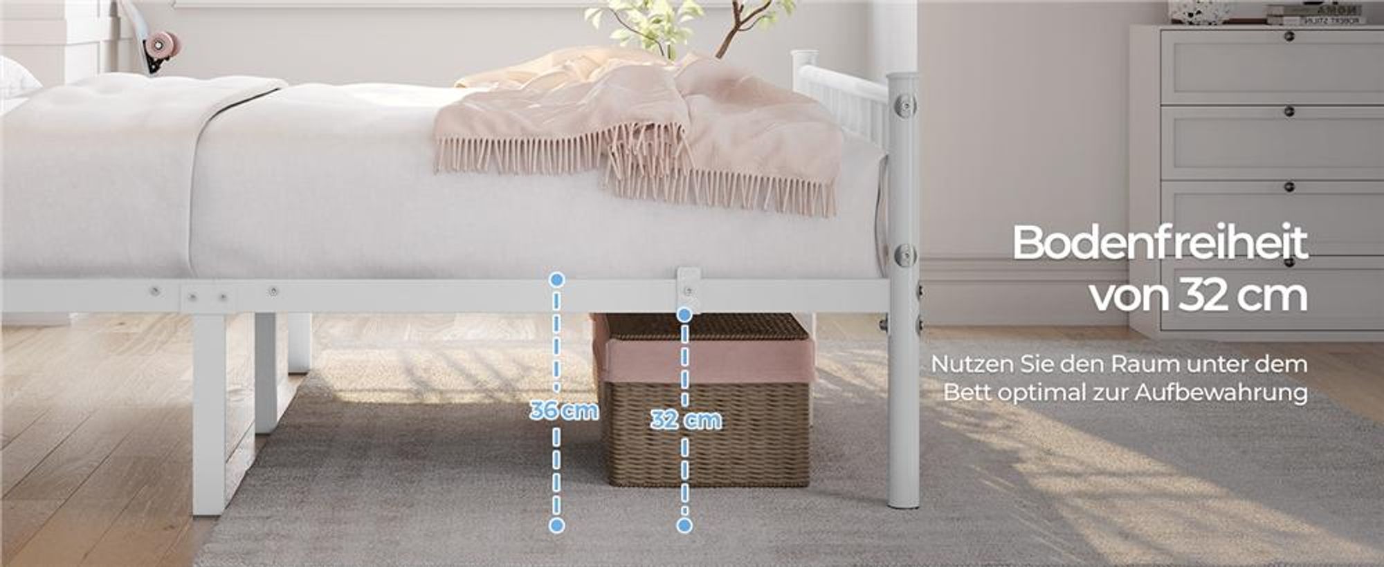 Yaheetech Metallbett Bettrahmen mit Kopfteil Bettgestell aus Metall Gästebett mit Lattenrost für Schlafzimmer Gästezimmer 140 x 200 cm Weiß