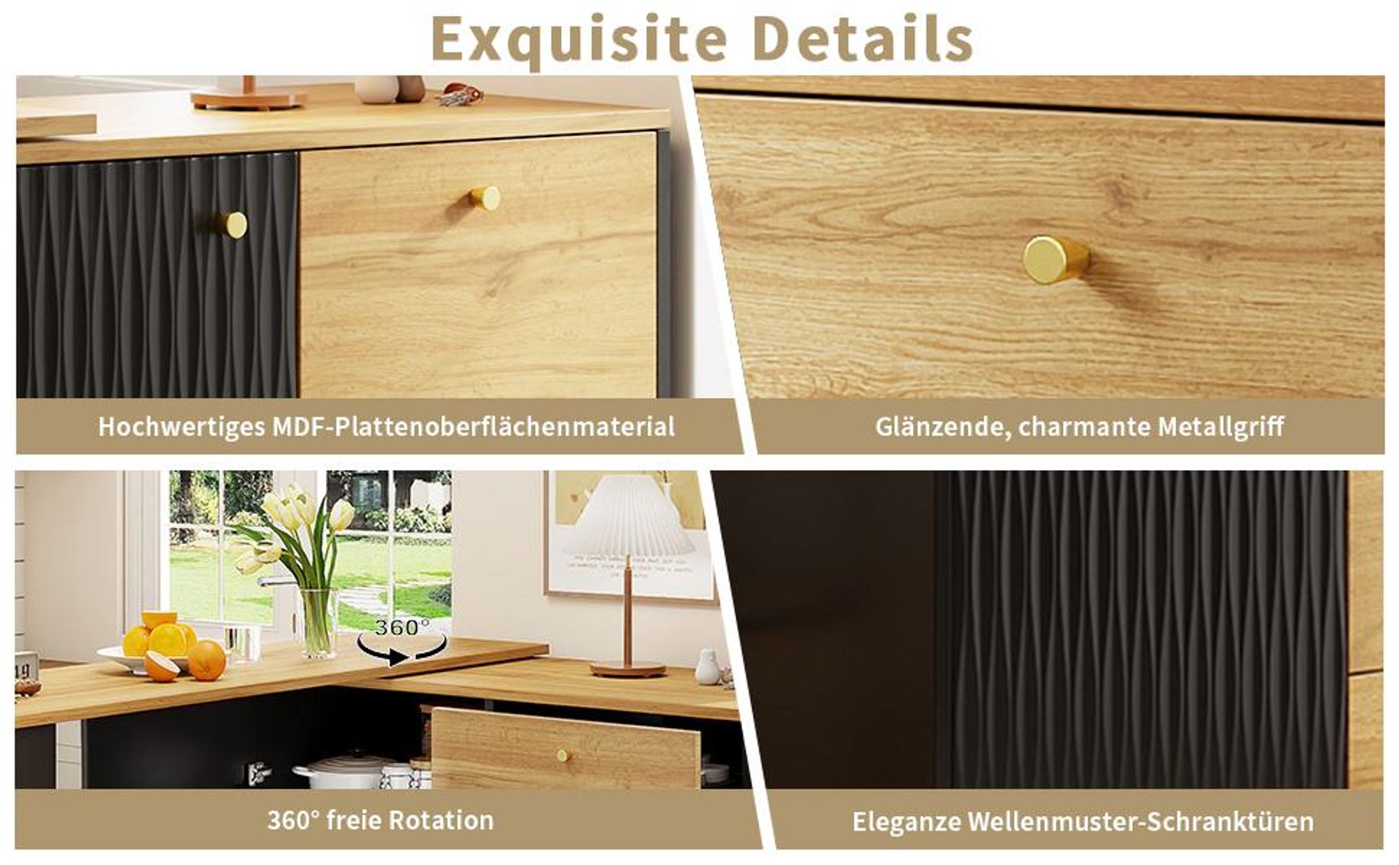 Flieks Stehtisch 360°drehbar, ausziehbarer Bartisch mit Holzmaserung, Essbar 138-204x39x104 cm, Esstisch mit Sideboard, schwarz + Holzfarbe