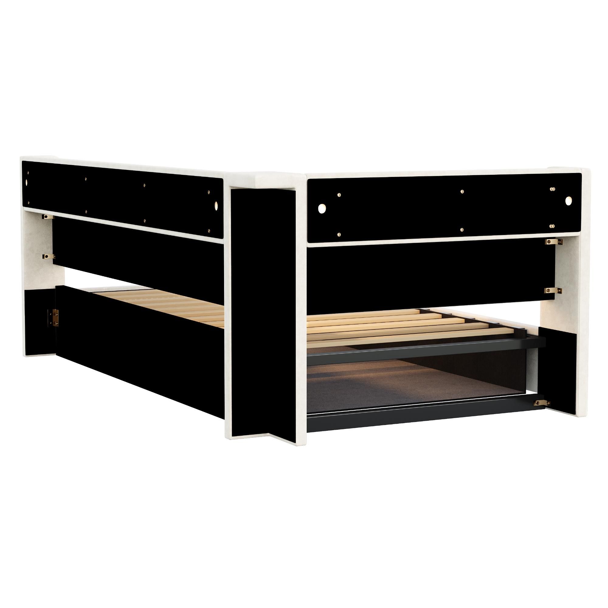 Merax Polsterbett Schlafsofa 90x200cm mit LED-Beleuchtung, Tagesbett mit Hydraulischer Stauraum und Holzregal, USB-Ladeanschlüsse, Samtstoff, Beige