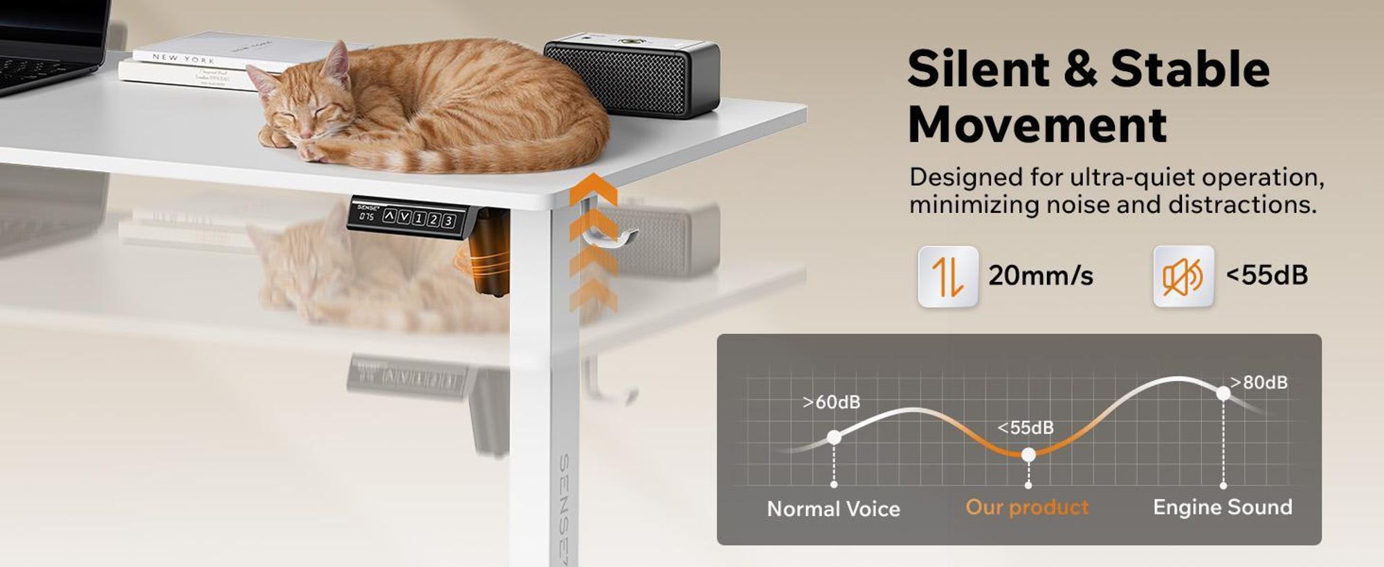 SENSE7 NOJO Light – elektricky výškově nastavitelný podstavec k psacímu stolu | 72–118 cm, paměťová funkce, držák na sluchátka, max. nosnost 70 kg, ocelový podstavec