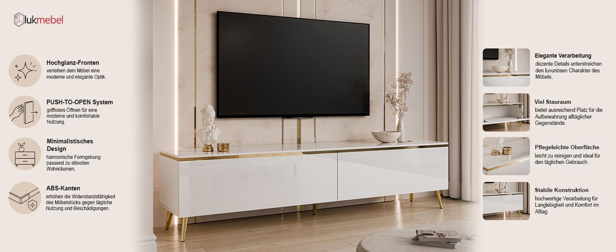 RTV Schrank AURORA auf Beinen Weiß / Weiß hochglanz schräge gold Chrom Beine