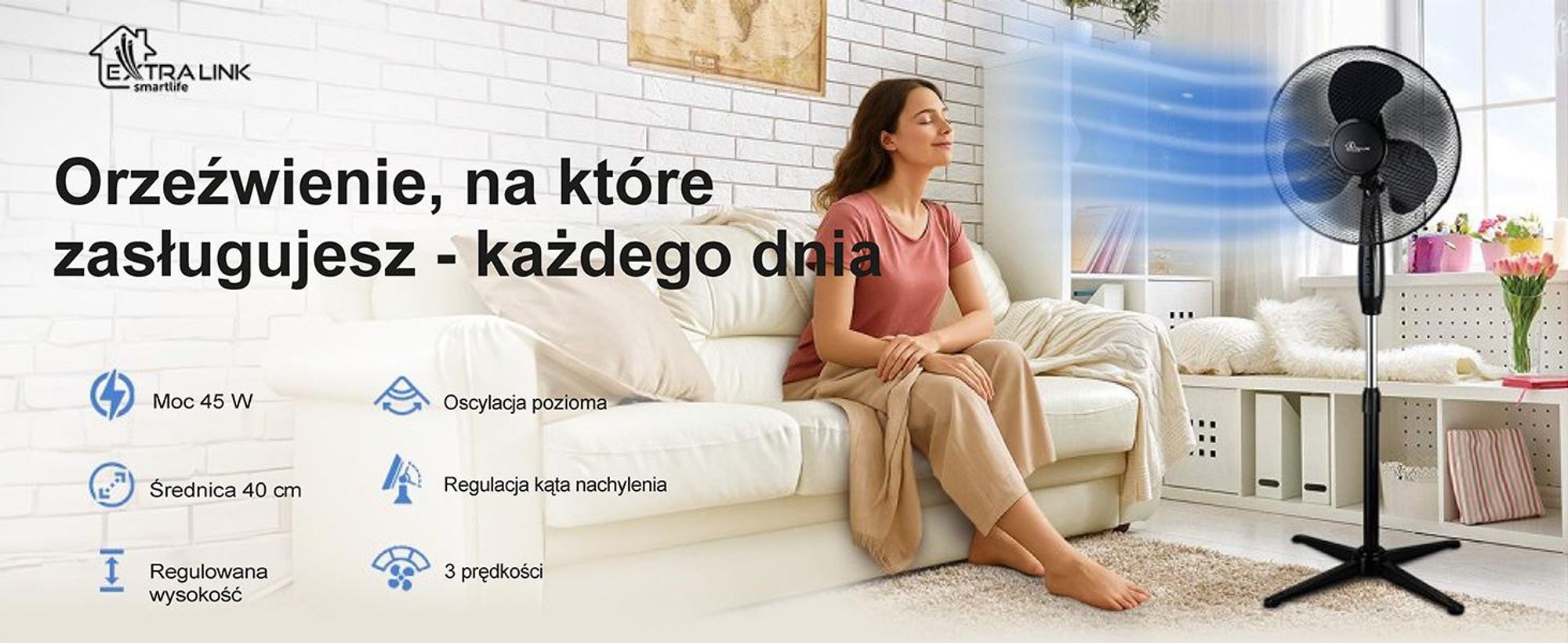 EXTRALINK wentylator stojący 40 cm – 3 prędkości, oscylacja, regulacja kąta, czarny