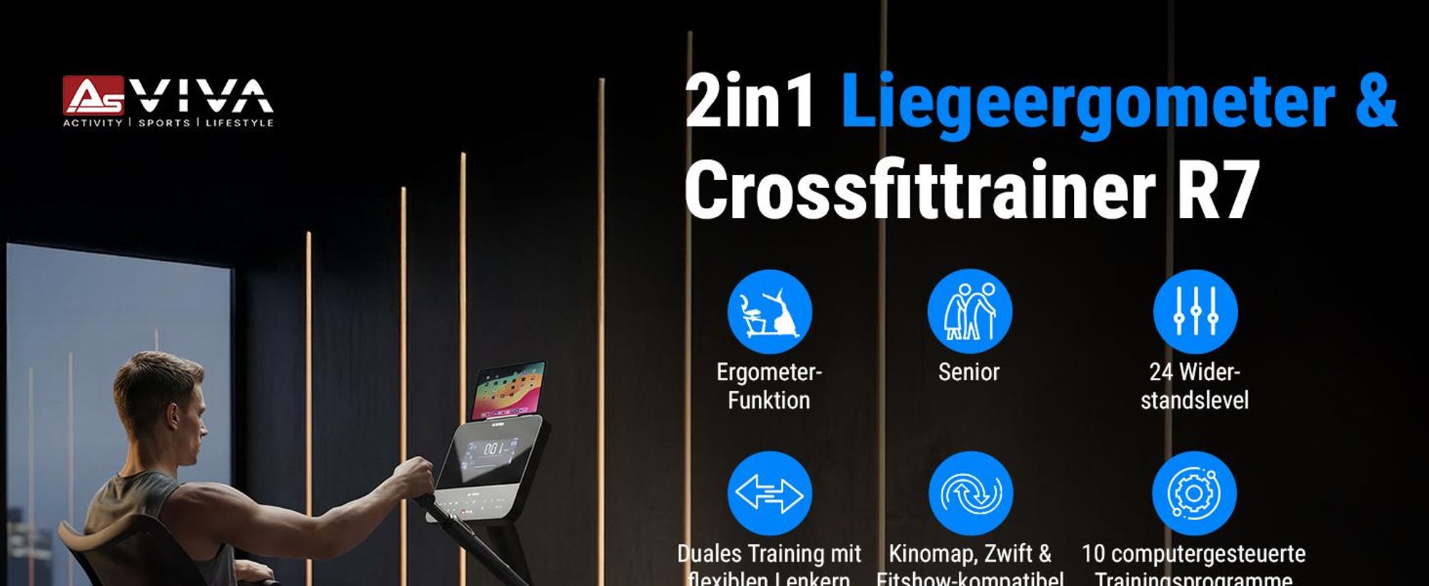 Liegeergometer AsVIVA R7 Heimtrainer Ergometer mit 18 kg Schwungmasse 24 Stufen Bluetooth leise gelenkschonend für Zuhause