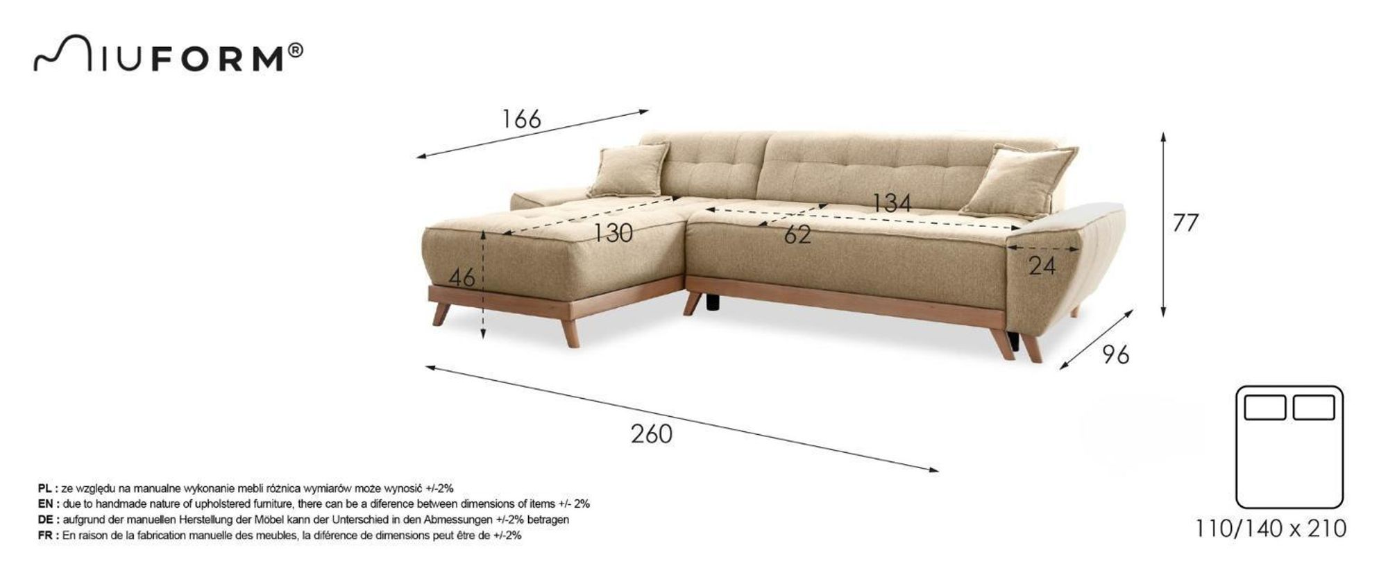 MIUFORM Dazzling Daisy - Ecksofa mit Bettfunktion und Bettkasten Sofa mit seitenverkehrt montierbarer Chaiselongue - 260x164cm - Türkis - Sofa Schlafsofa Couch