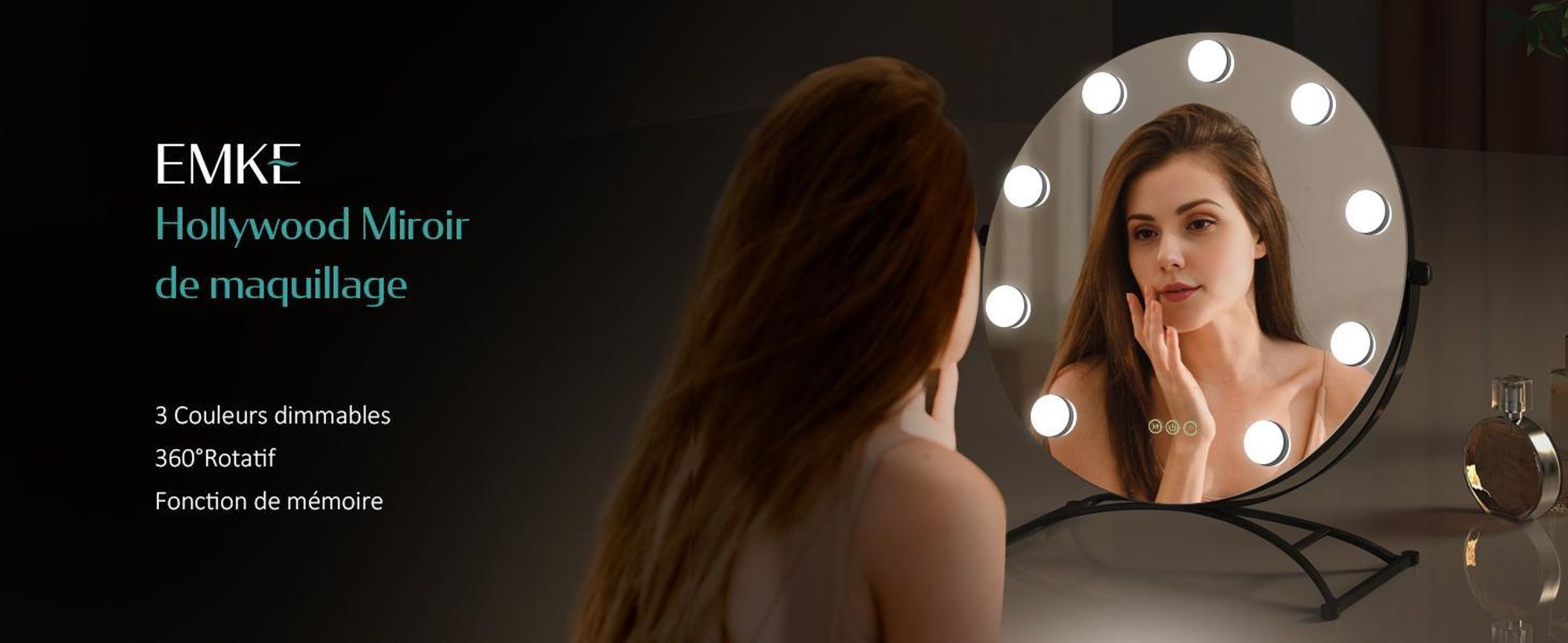 Miroir cosmétique EMKE Hollywood 58 x 50 cm Miroir de maquillage rond avec éclairage LED et grossissement 7x, 3 couleurs de lumière réglables, noir