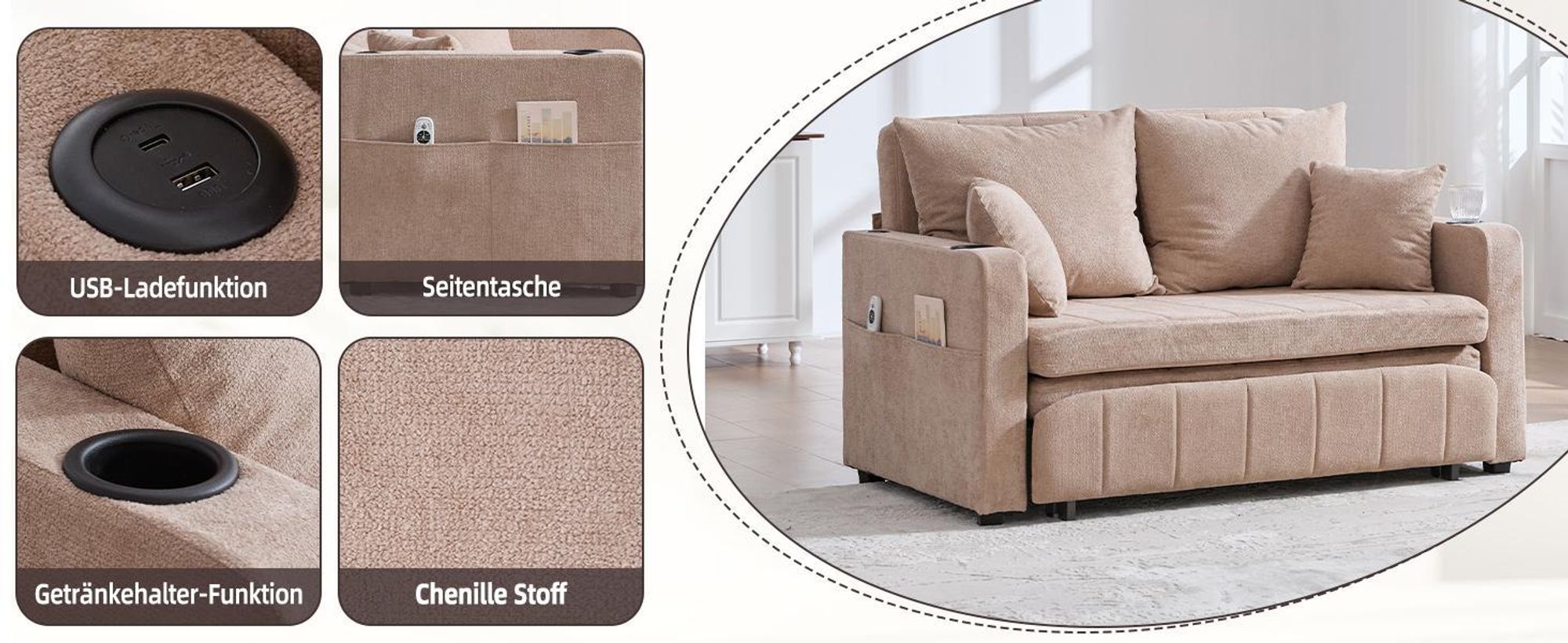 LVHOM Schlafsofa mit 3-fach verstellbarer Lehne&USB, Ausziehbares Schlafbett, 2-Sitzer mit Becherhalter Platzsparend 139x73x83cm, Grau