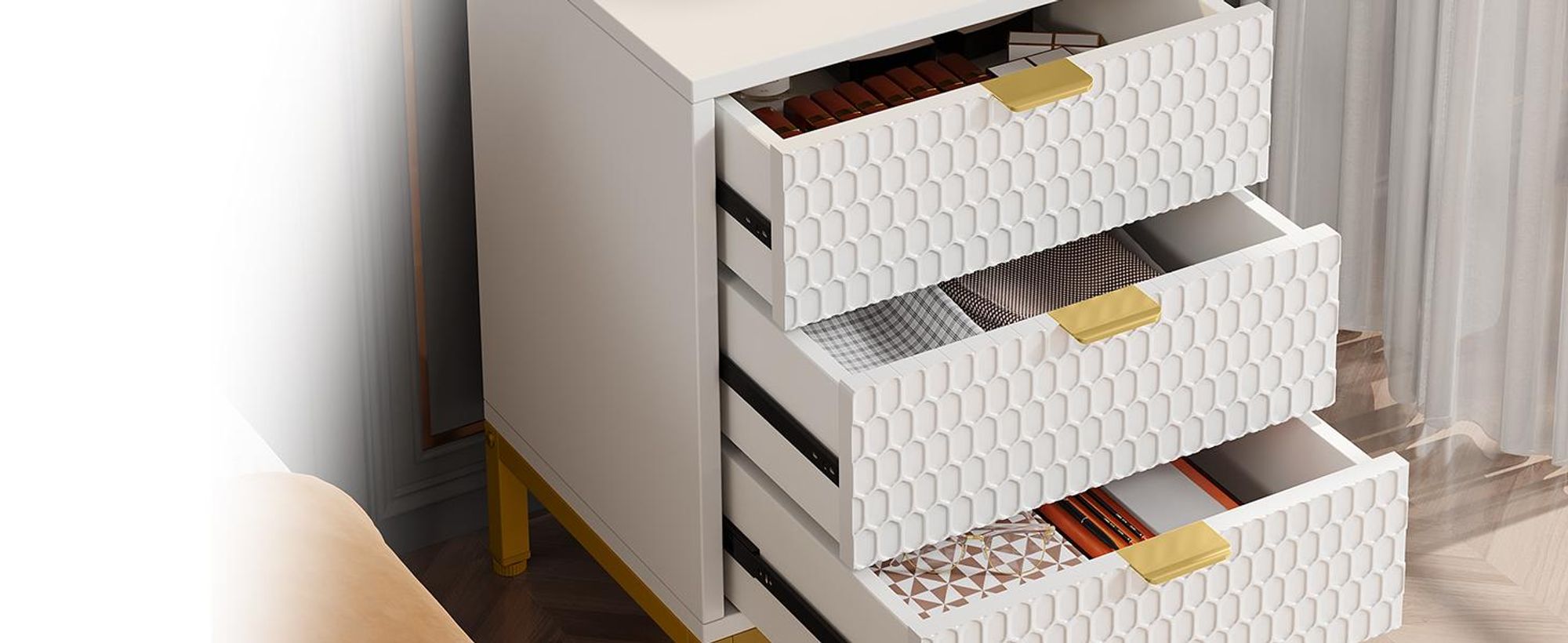 Tribesigns Moderner Nachttisch,65,5 cm hoch,Nachttisch mit 3 Schubladen,moderner Beistelltisch mit Stauraum für Schlafzimmer,Wohnzimmer,Weiß und Gold