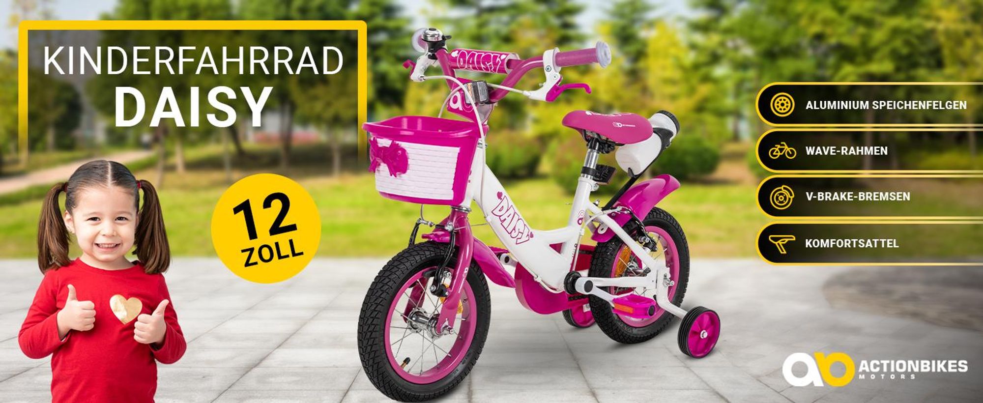 Actionbikes Kinderfahrrad Daisy 12 Zoll | Kinder Fahrrad - V-Brake Bremsen - Kettenschutz - Fahrradständer - Stützräder - Mädchenfahrrad - 2-5 Jahre