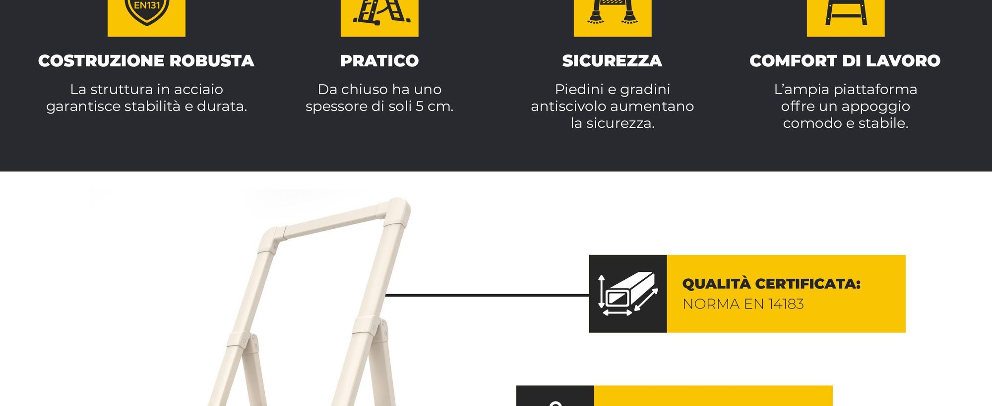 Drabest | Scala pieghevole per uso domestico, modello Slim - 3 gradini - Pieghevole - Portata massima: 150 kg - Colore: crema