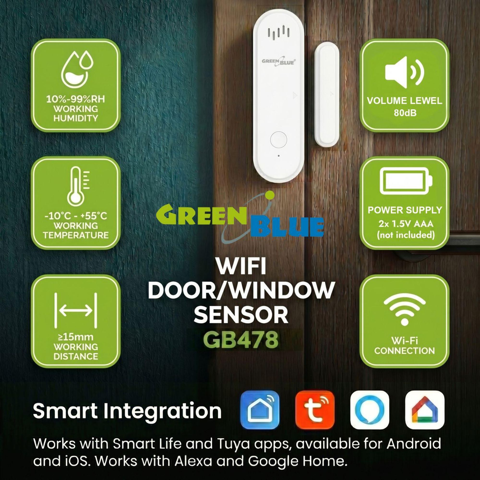 Drahtloser Reed-Schalter / WiFi-Öffnungssensor von GreenBlue Android/iOS für Türen / Fenster 3,0 V DC LR03x2 mit Alarm GB478