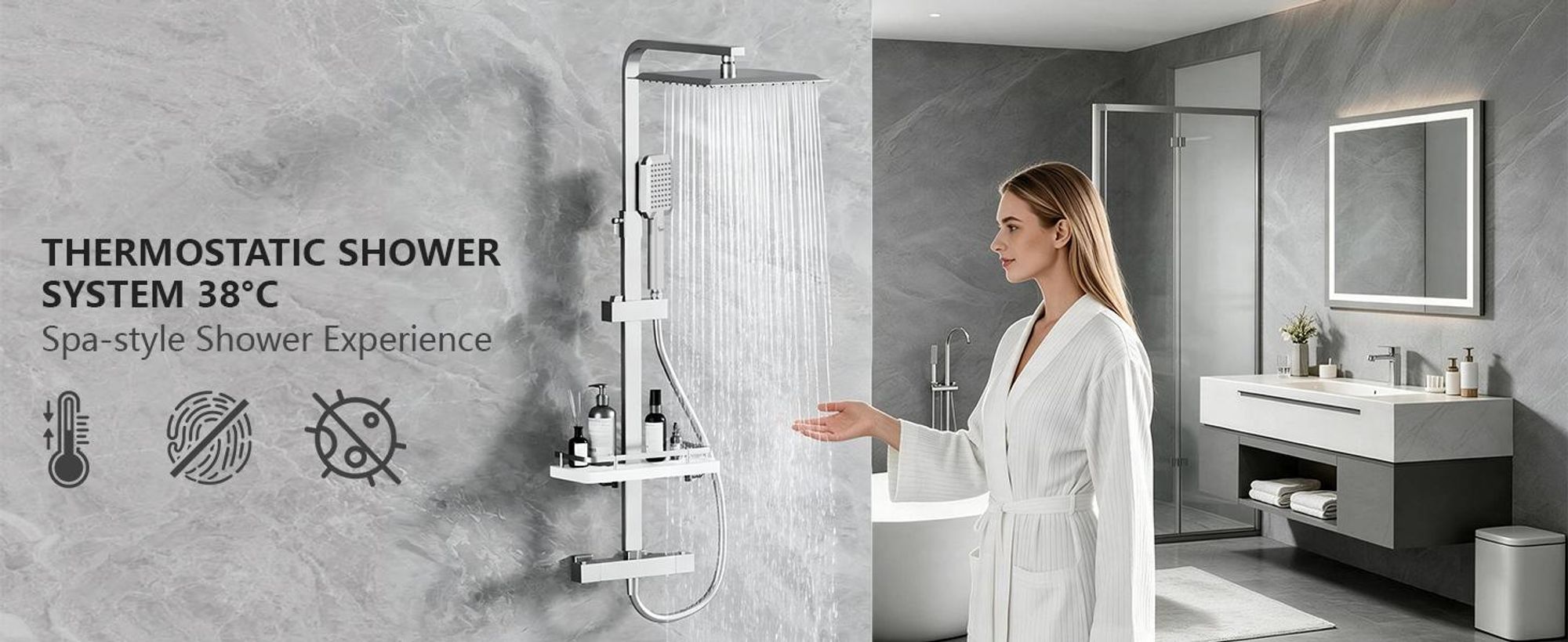 STANEW thermostatische douchekolom, wandgemonteerde douchekolom met plank, douchekolom voor de badkamer, met in hoogte verstelbare mengkraan