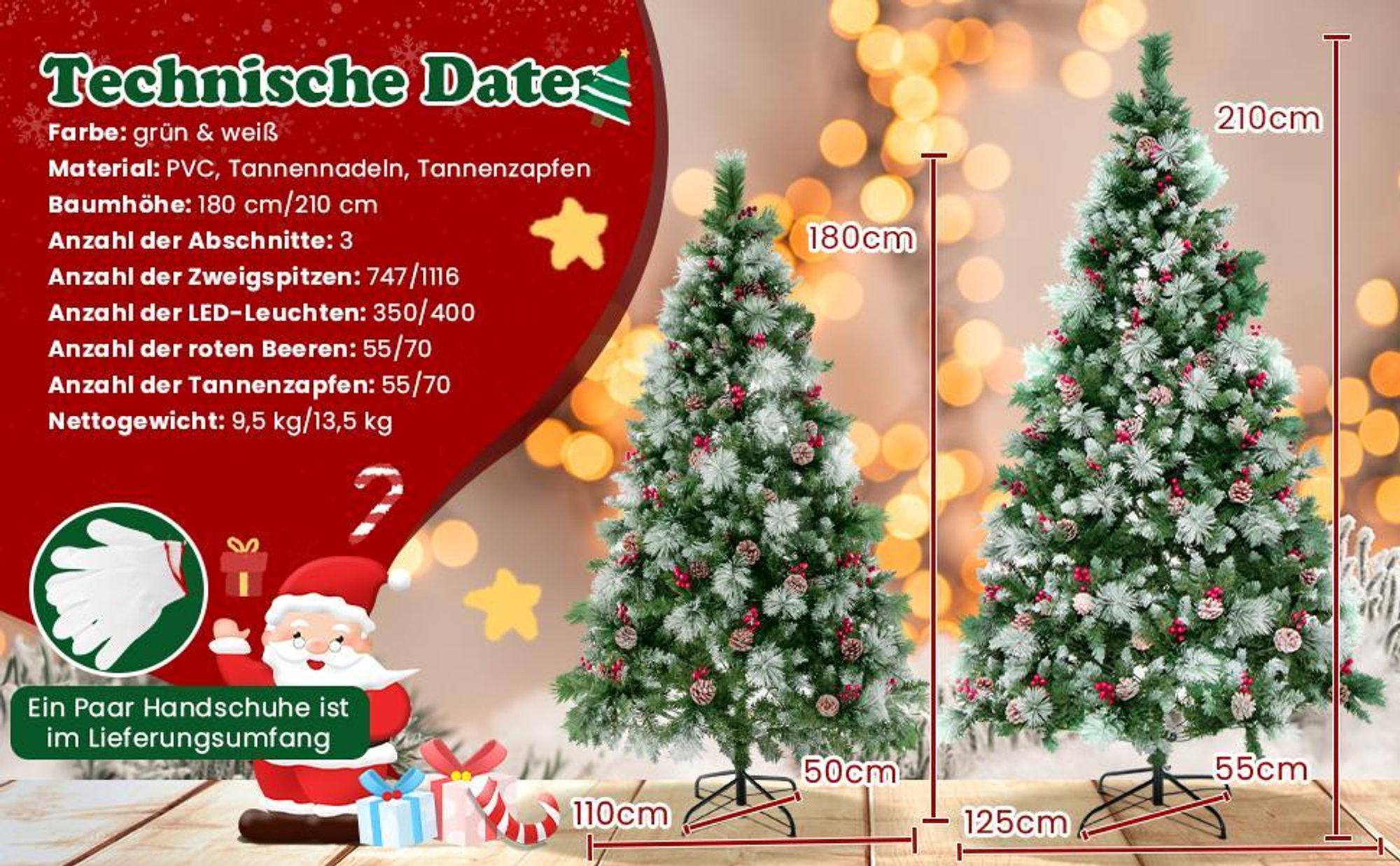 COSTWAY 210cm Künstlicher Weihnachtsbaum LED, beleuchteter Tannenbaum mit Kiefernzapfen & roten Beeren & Metallständer, 11 Lichtmodi, Christbaum PVC Kunstbaum Weihnachten, grün