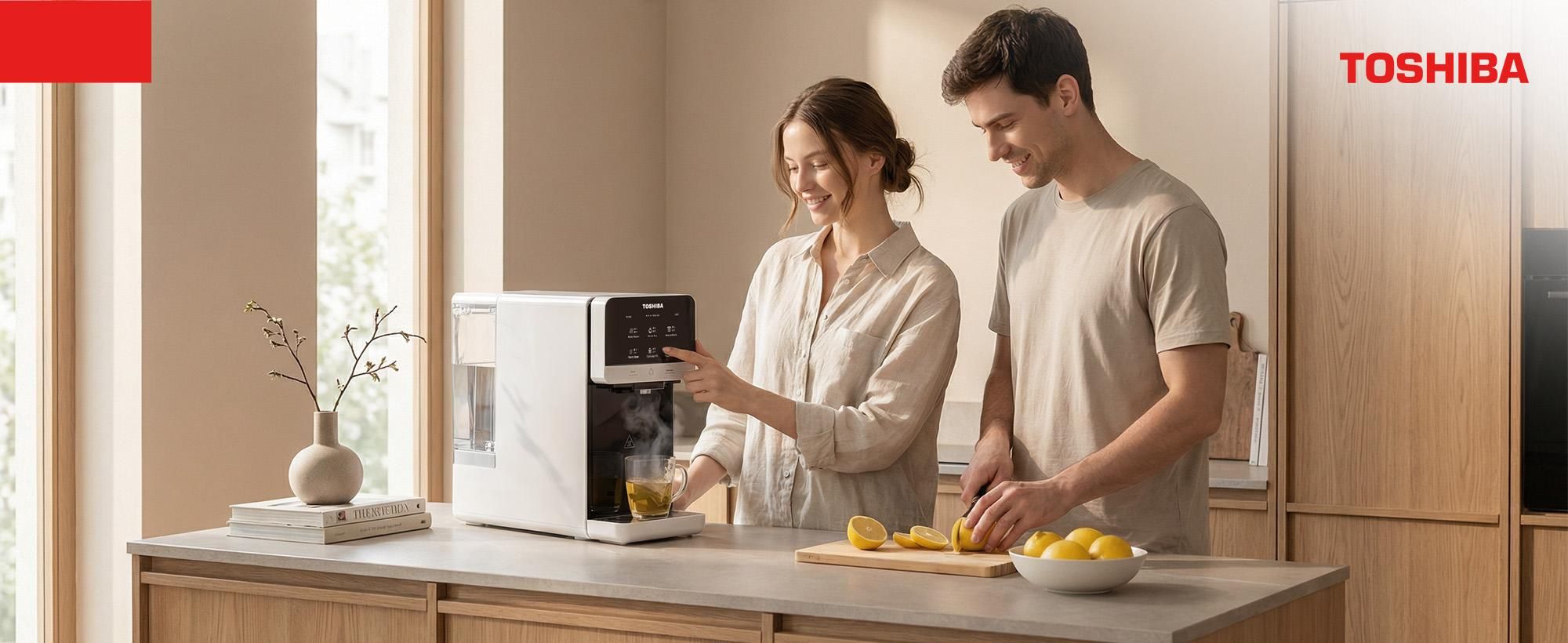 Toshiba Osmoseanlage, Wasserfilter Trinkwasser, Auftisch, Keine Installation, Heißwasserspender, Umkehrosmoseanlage, Mehrfach-Filterung, weiß