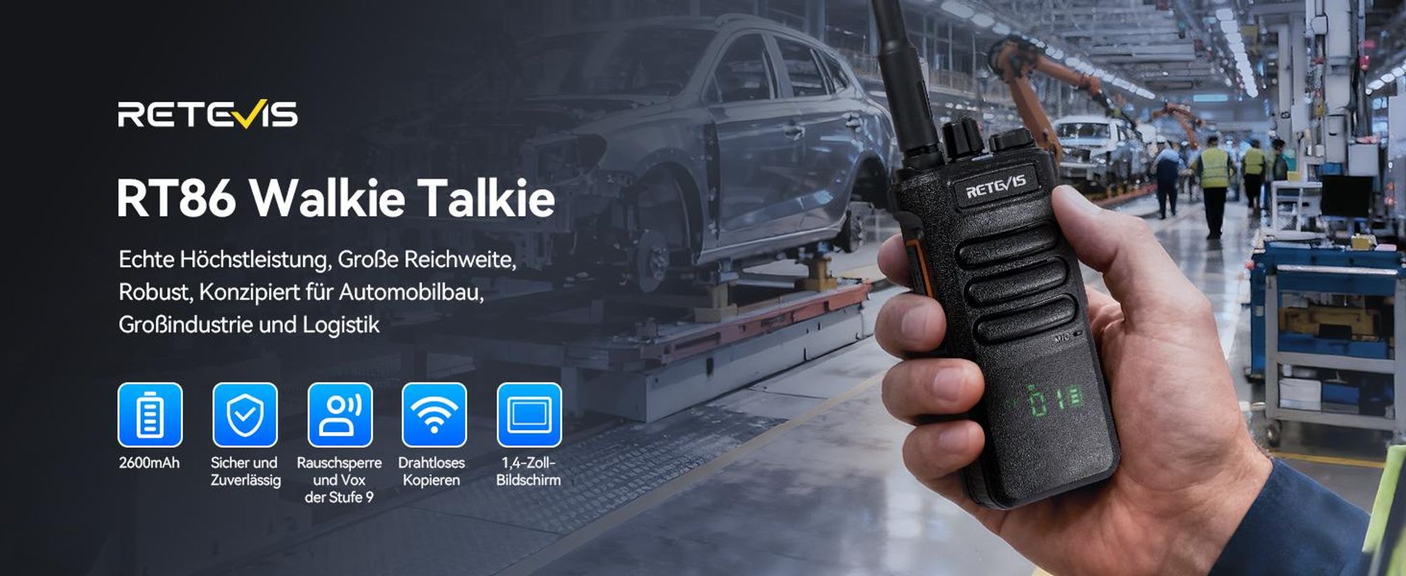 Retevis RT86 Funkgerät mit Großer Reichweite, 8W, Walkie-Talkie mit Lautsprechermikrofon, 2600mAh, Kabelloses Klon Notfallradio für Baustelle