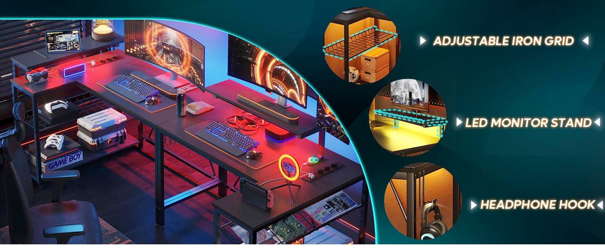 Bestier Gaming-Eckschreibtisch L-Form 132 cm – mit LED, Steckdosen, 2 Regalen & Haken – Umkehrbarer Computertisch für kleines Büro, Schlafzimmer
