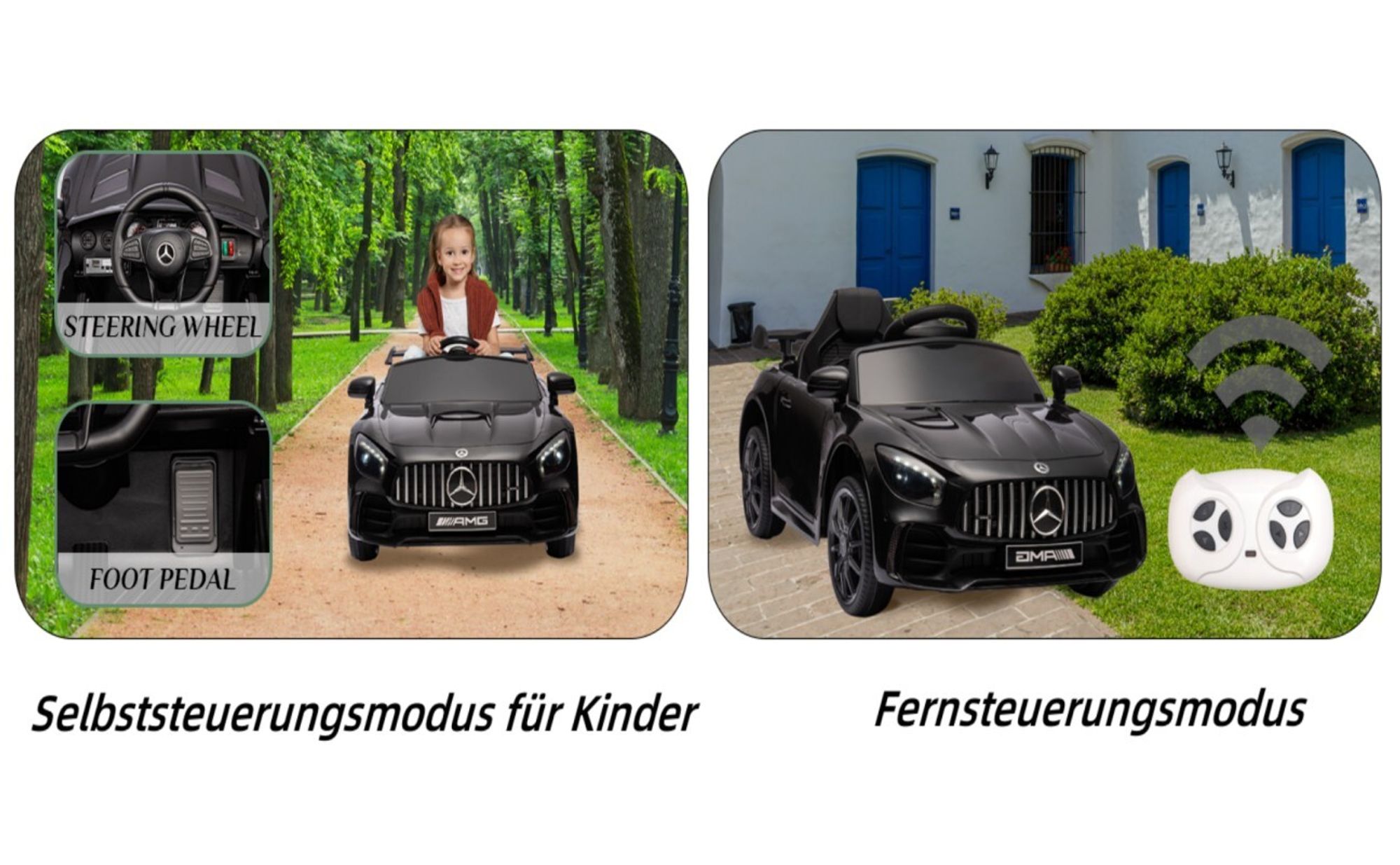Elektroauto Kinderauto Mercedes Gtr, mit 2,4G Fernbedienung, LED Scheinwerfer, MP3, Hupe und Musik, Schwarz