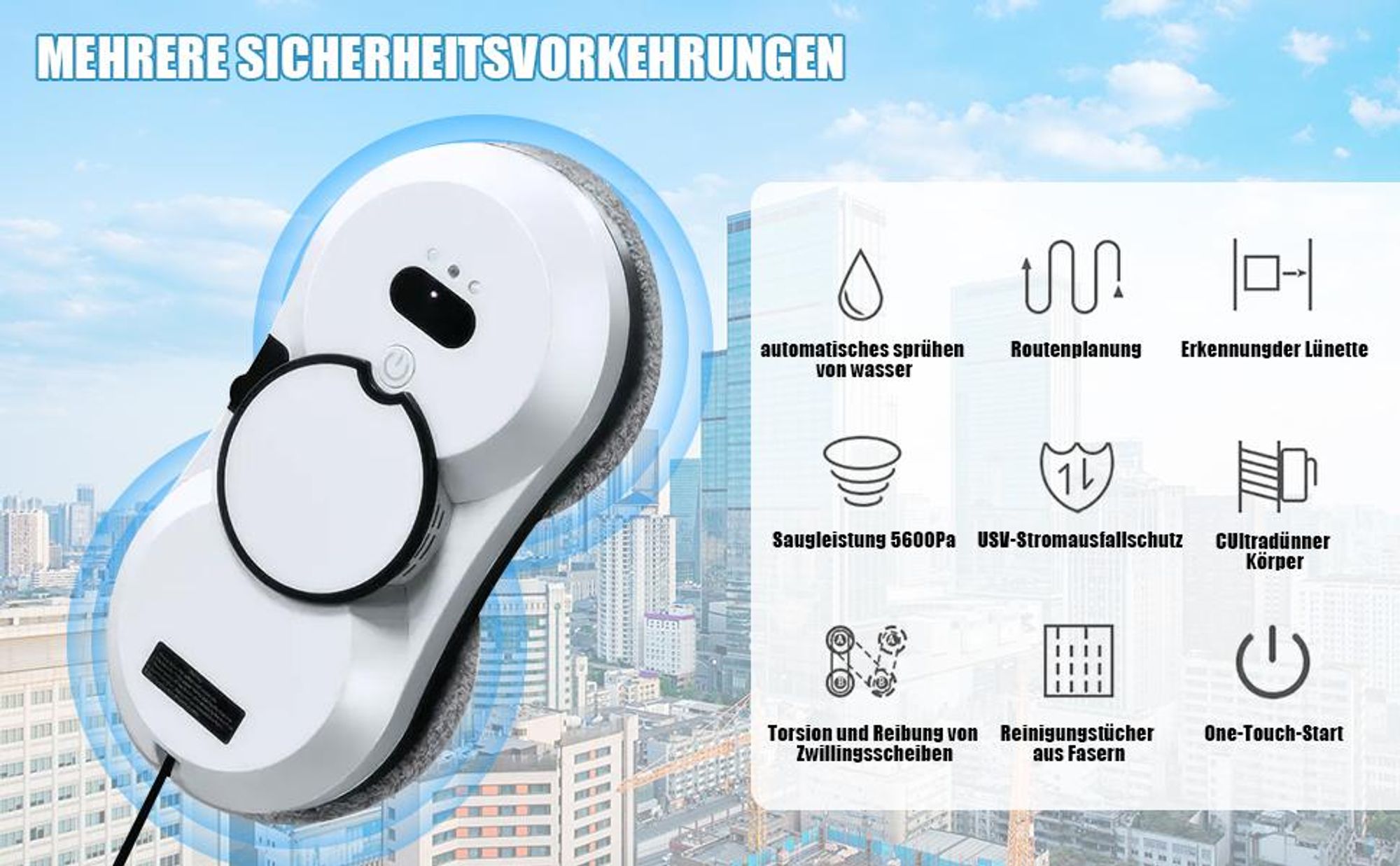 Fensterputzroboter, Automatischer Fenstersauger, Fensterputzer, Fensterreiniger Roboter, 5600Pa, Intelligentes Kantenerkennungssystem, Wasserstrahl
