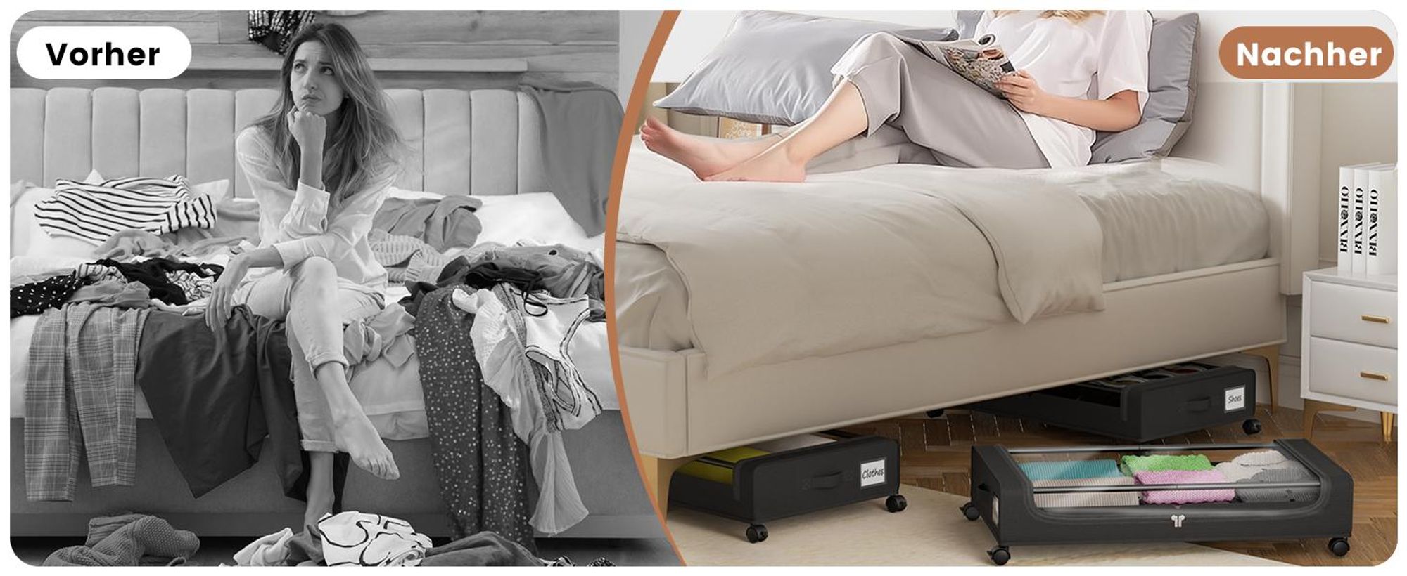 2 Stück Unterbett-Aufbewahrungsboxen mit Rollen, 50 L, 16 cm hoch, mit transparentem Deckel, Unterbettkommode für Kleidung, Bettwäsche und Schuhe
