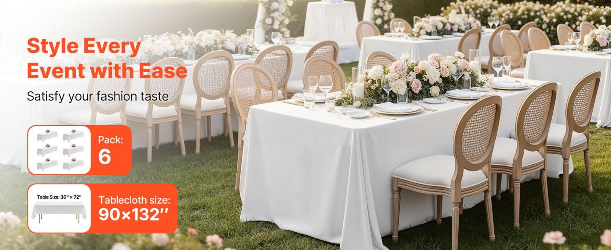 VEVOR Weiße Tischdecken für rechteckige Tische, 6er-Pack, 60 x 102 Zoll, wiederverwendbare und maschinenwaschbare Tischdecken, knitterfreies Polyestergewebe Tischüberzüge für Hochzeit, Party, Bankett, Weiß-6 Stück-c, 2286x3353 mm