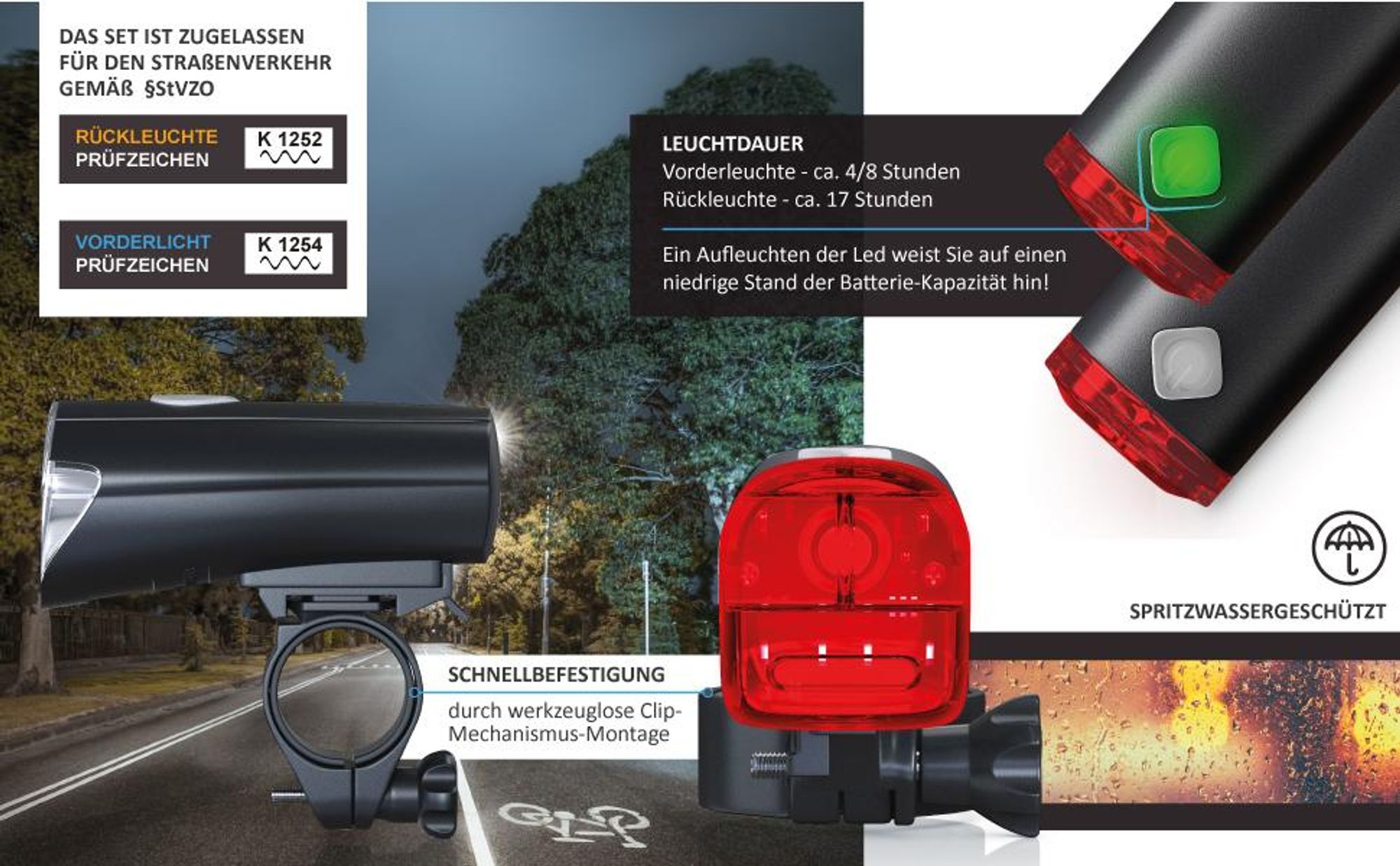 Aplic Fahrradbeleuchtung Set LED, StVZO zugelassenes Fahrradlicht mit Frontlicht 30 Lux und Rücklicht, batteriebetrieben, 2 Lichtmodi, für Lenker 22 bis 35 mm, schwarz