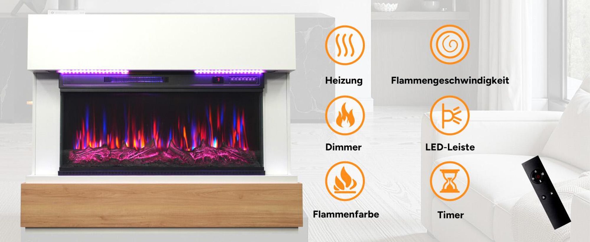HOMAVO 36-Zoll Elektrokamin mit Heizung - 1000 / 2000W - Stand / Einbaukamin - 3D Flammenfarben - LED & Timer - inklusive Schrank