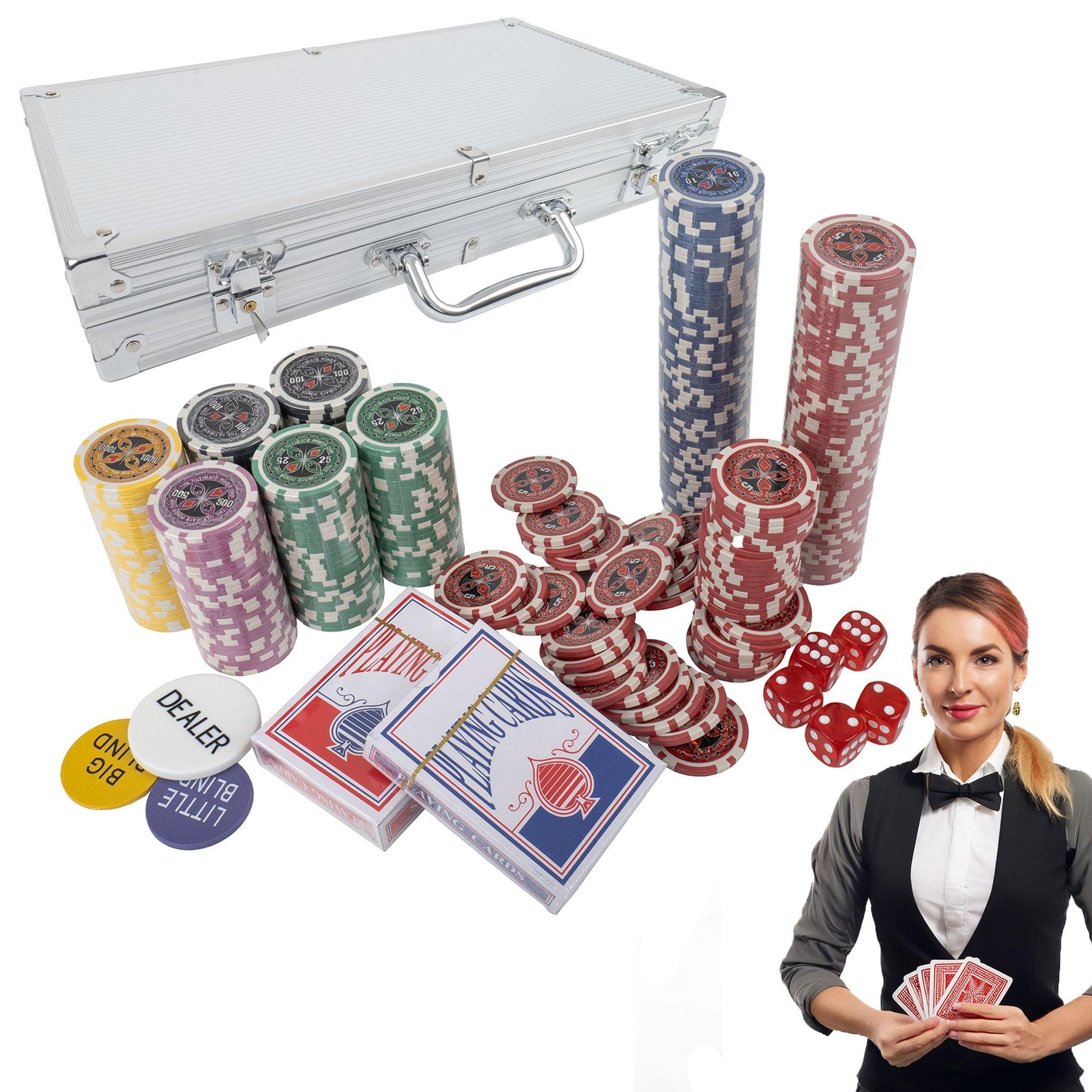 Poker Set Premium 300 Chips mit Metallkern (11,5g) – 6 Wertstufen, Aluminium Koffer, 2 Kartendecks, Blind Chips & Zubehör
