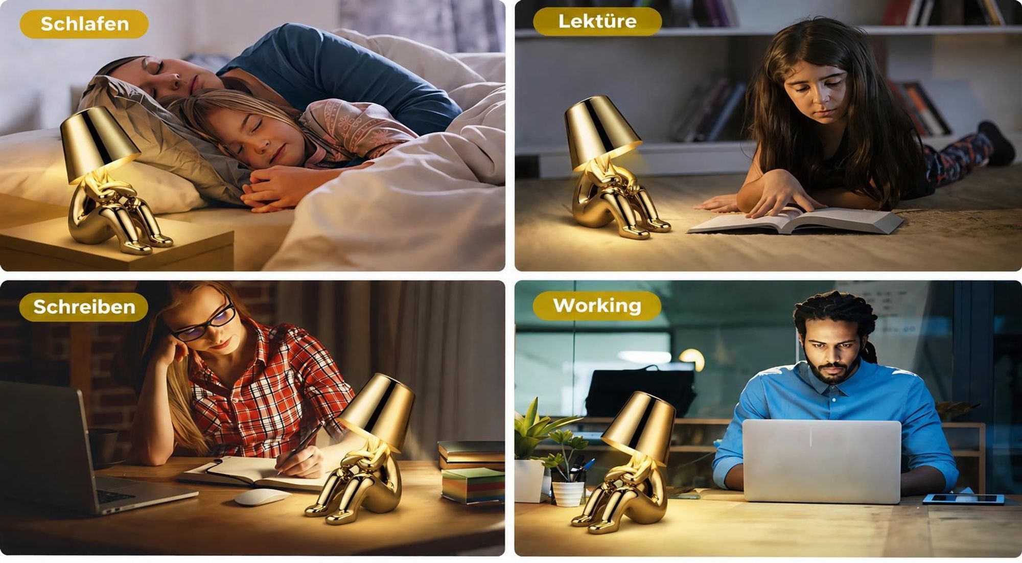 Thinker-Statue LED Nachttischlampe mit Touch-Steuerung,USB-Aufladung,3 Helligkeitsstufen,Kabellose Dimmbare Tischlampe,Dekorative Nachtlicht,(Gold B)
