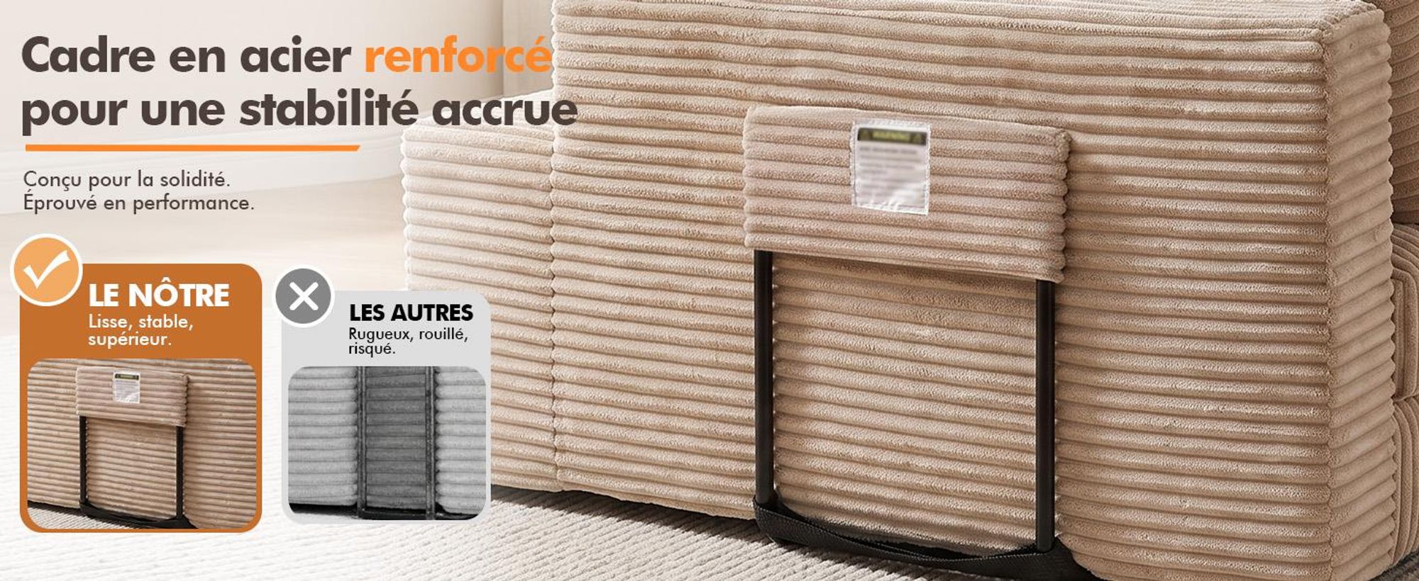 Canapé d'angle COMHOMA avec fonction convertible, 228 cm, en velours côtelé. Canapé modulaire sans structure visible, avec chaise longue et structure métallique pour le dossier. Canapé d'angle convertible avec ouverture