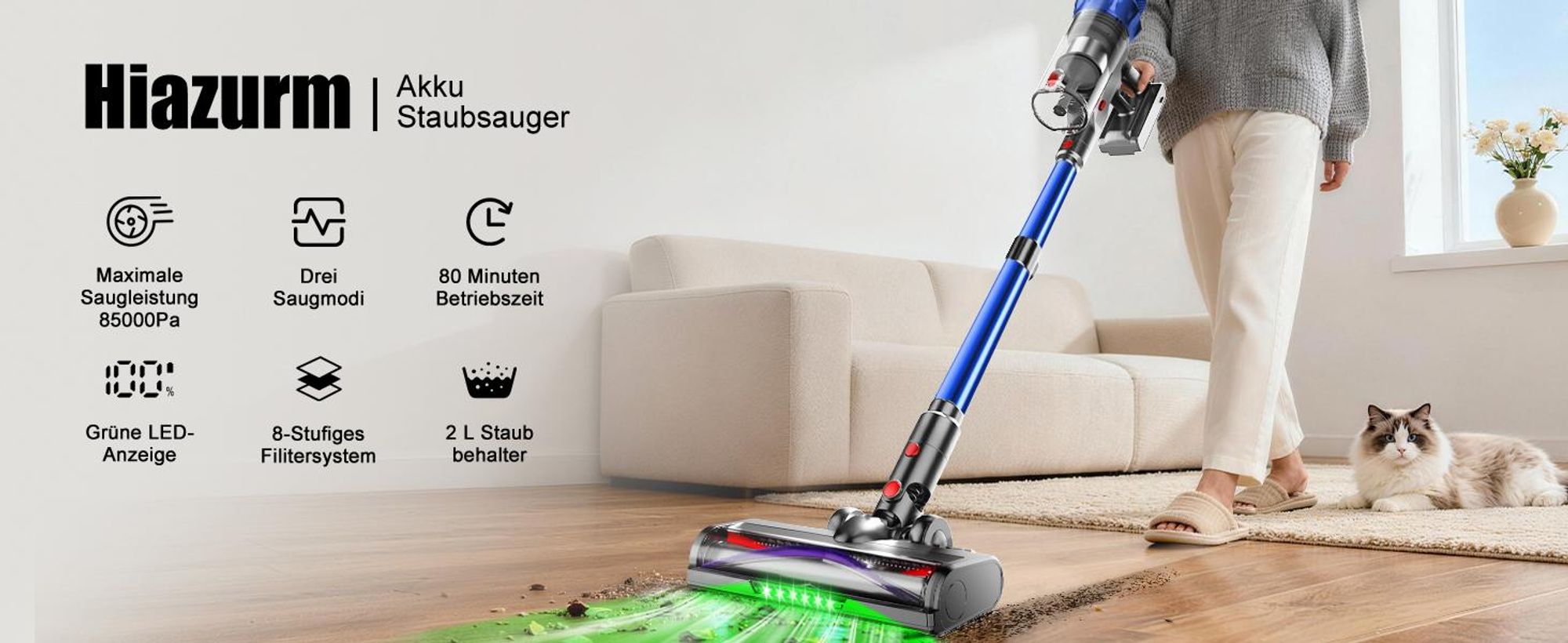 Hiazurm Akku Staubsauger, 85000Pa Staubsauger kabellos mit Touchscreen, HEPAx4, 80Min, Schlauchbürste, Staubsauger, 2L, Anti-Tangle-Staubsauger