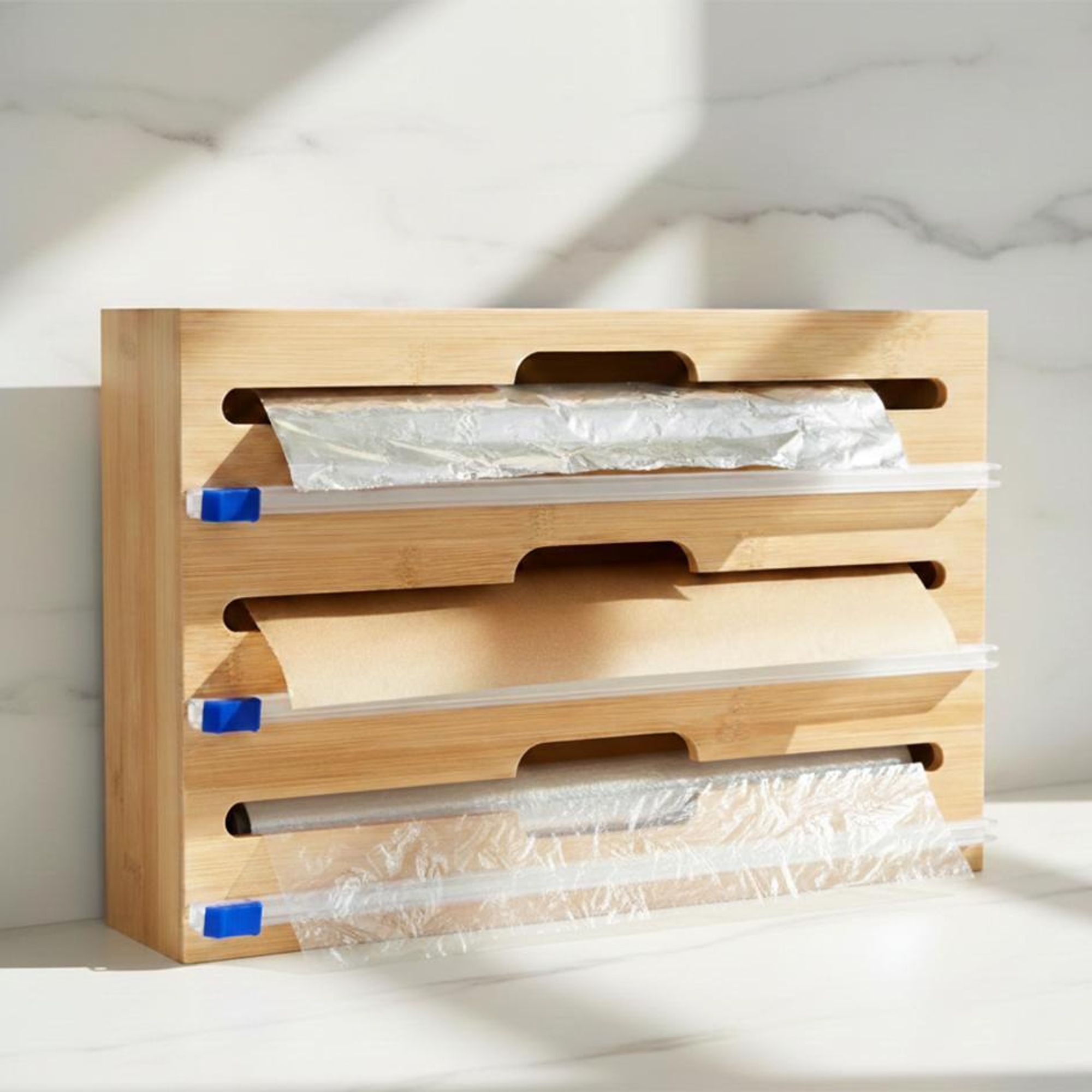 WELLHAUS Bambusbehälter mit Spender für Aluminiumfolie, Lebensmittelpapier