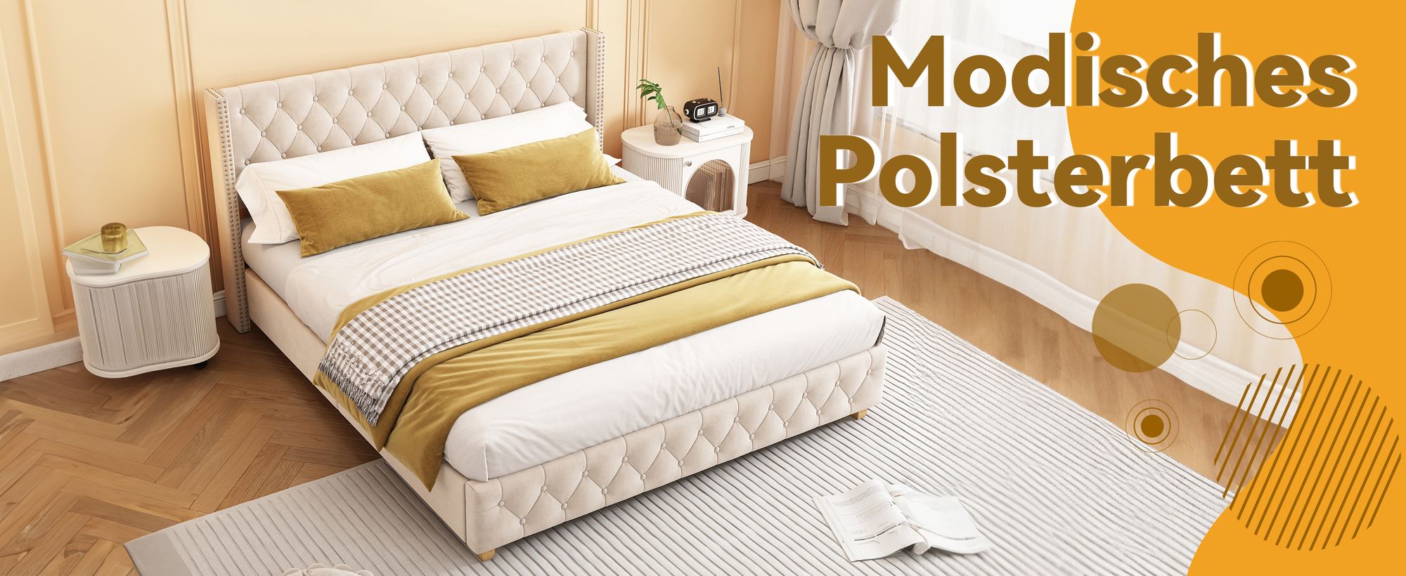 MODFU Polsterbett 160×200cm mit Lattenrost und Kopfteil, Doppelbett Jugendbett mit Holzbeine, Samt, Hellbeige(Ohne Matratze)