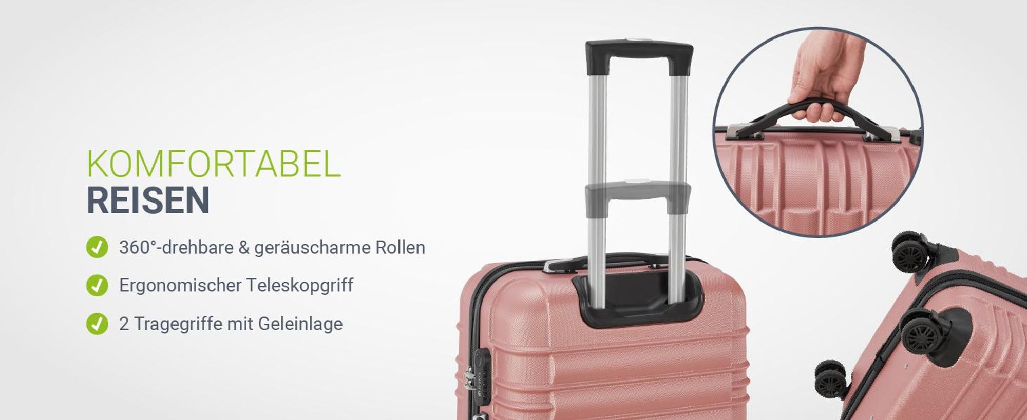 Juskys Hartschale Kofferset Reisekoffer 4 teilig - Zahlenschloss, geräuscharme 360° Rollen groß, Teleskopgriff, leicht - Koffer in Rosa