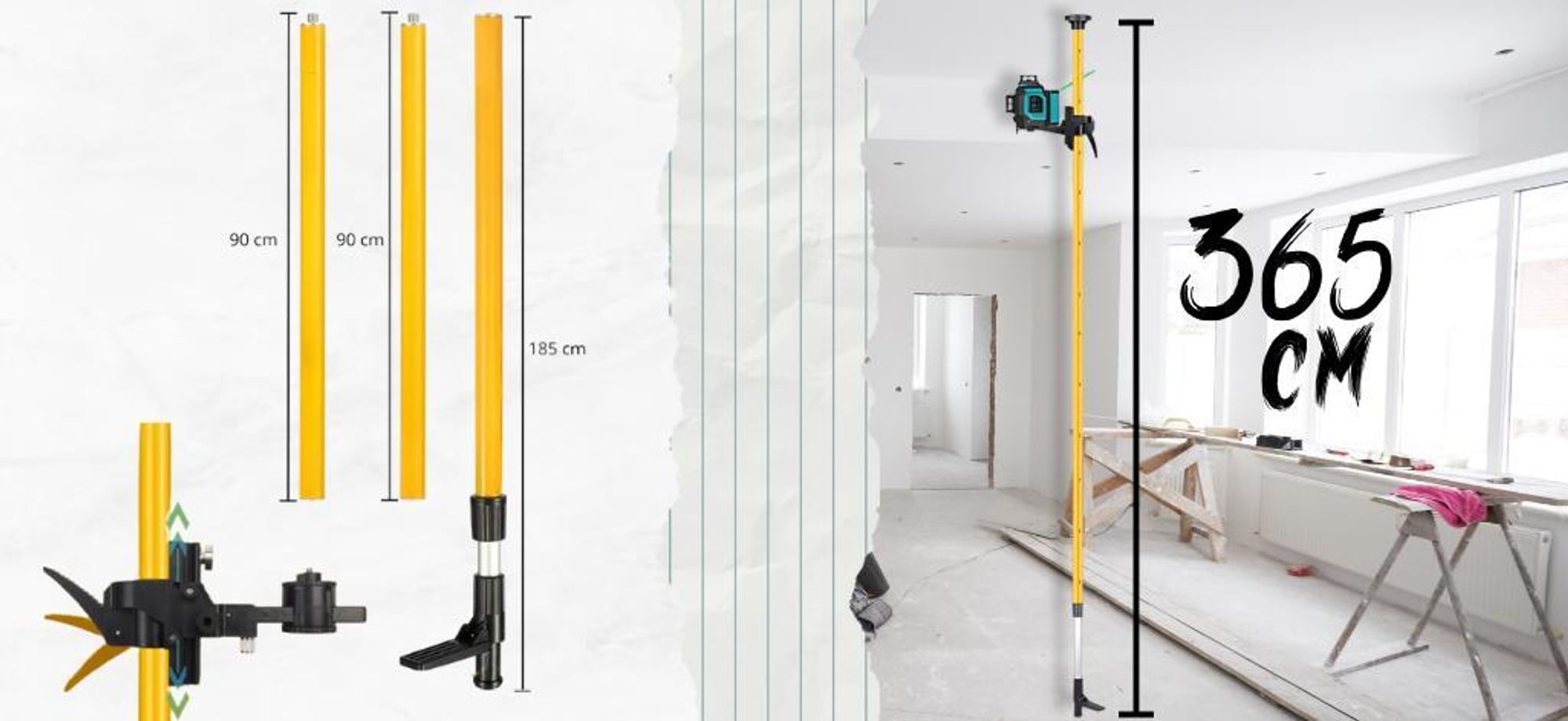 Hikey Laser Teleskopstange 3,65m, für Rotationslaser und Kreuzlinienlaser, Lasermontagestange, Kompatibel mit 1/4" und 5/8", Laser-Wasserwaage