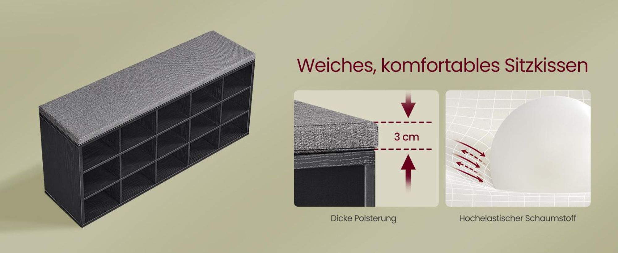 VASAGLE Schuhbank, Sitzbank, Schuhregal, mit Kissen und 15 Fächern, ebenholzschwarz-schiefergrau