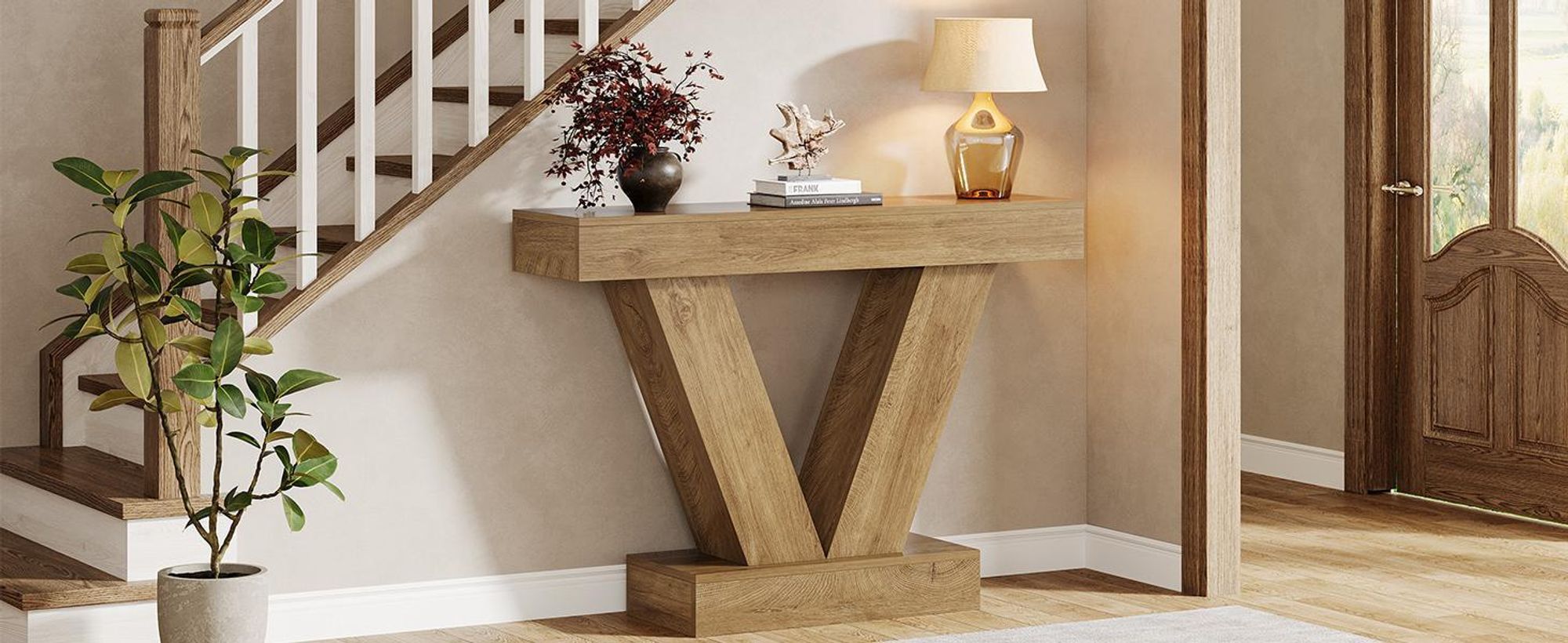 Tribesigns Table console 105 cm, avec pieds en V, pour le salon, le couloir, l'entrée, le hall, l'entrée, marron