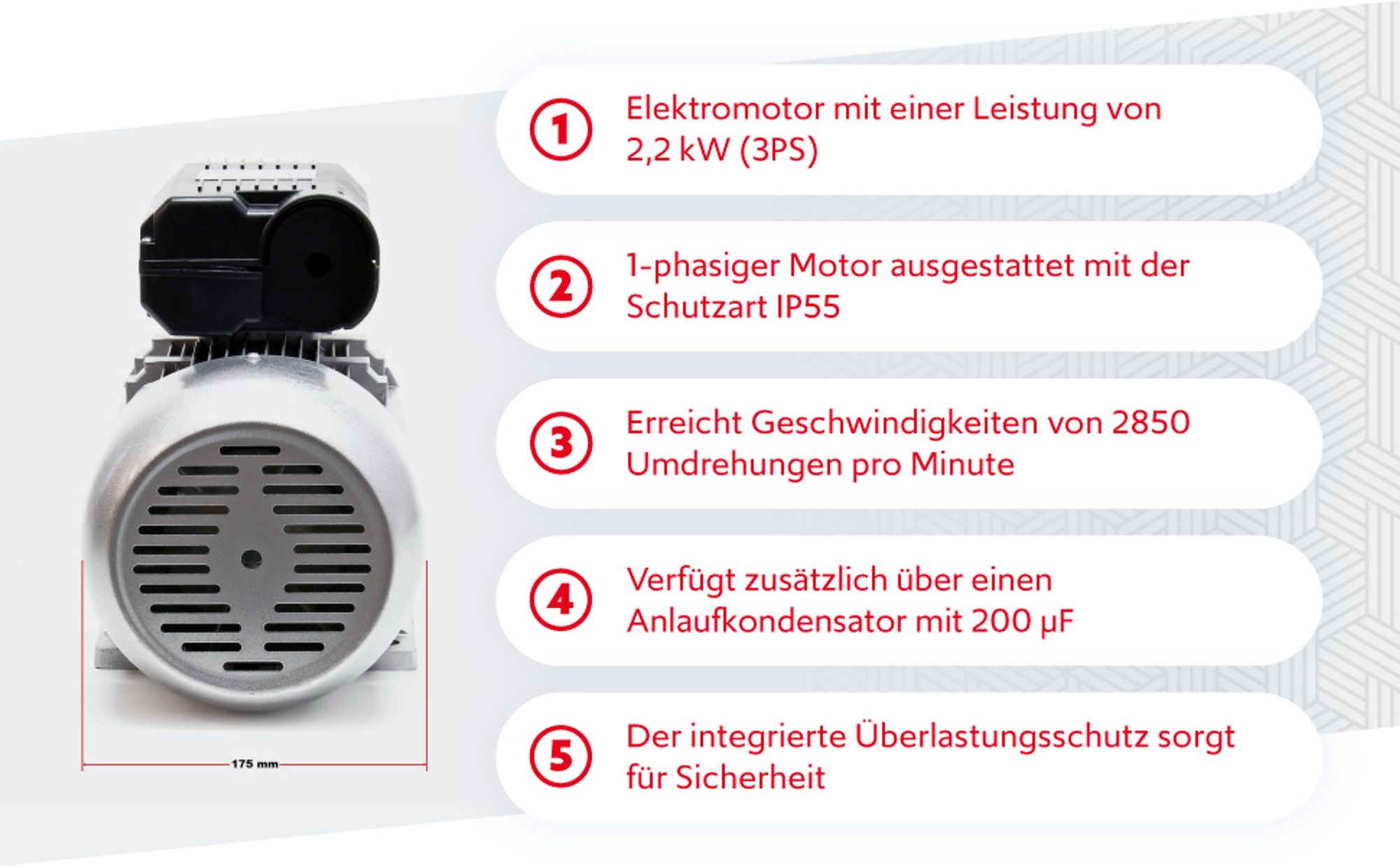 Wiltec Elektromotor 230 V 2,2 kW (3 PS) 1-phasig 2-polig E-Motor mit Anlaufkondensator 2850 U/min und Aluminiumwicklung