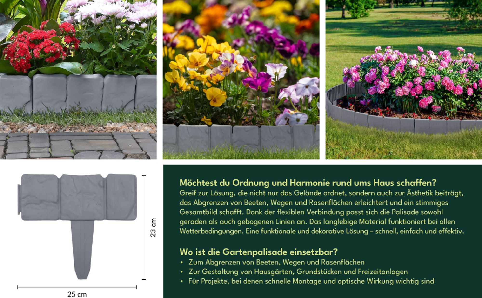 KRUMAD Rasenkante Kunststoff Steinoptik 10 Stück Set 2,5 Meter Höhe 23 cm Beeteinfassung Stein Beetumrandung Garten Stecksystem Grau