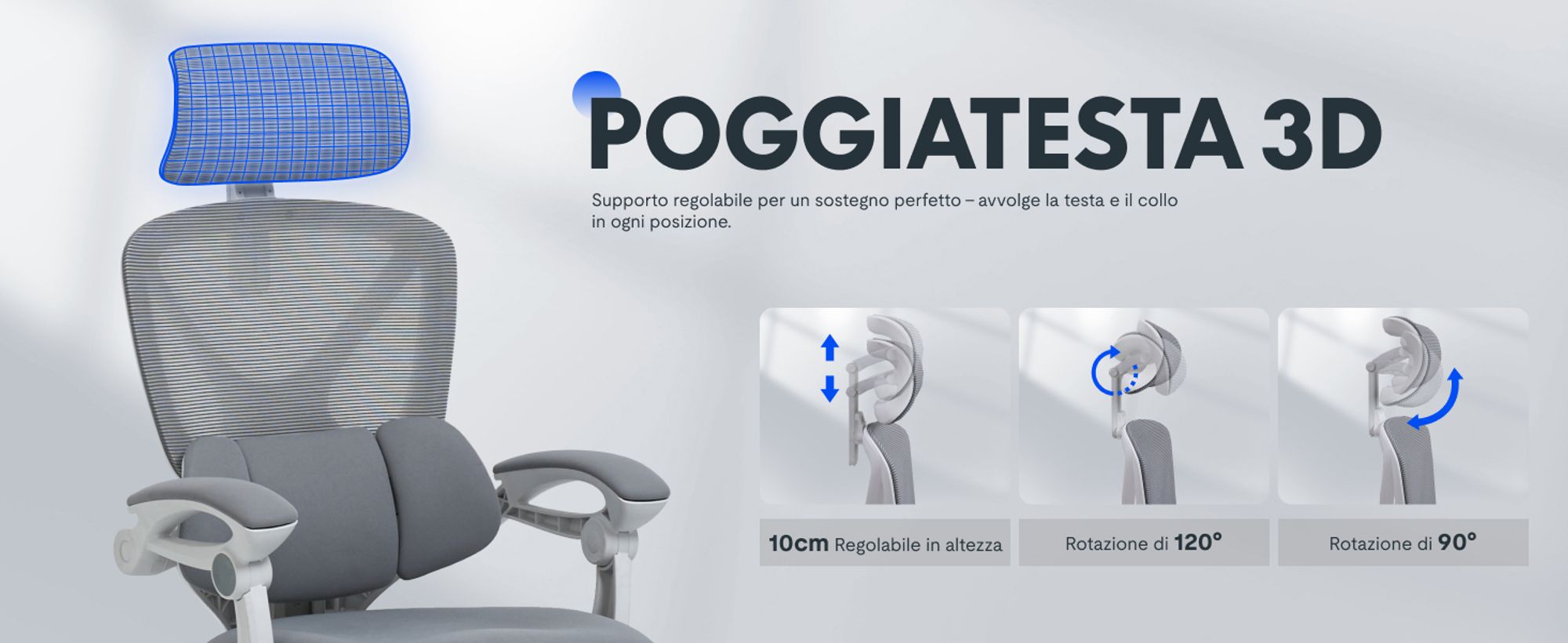 FLEXISPOT: sedia da ufficio ergonomica con poggiatesta 3D, supporto lombare regolabile, funzione reclinabile da 90 a 135°, braccioli collegati, poggiapiedi, portata massima 136 kg, colore grigio