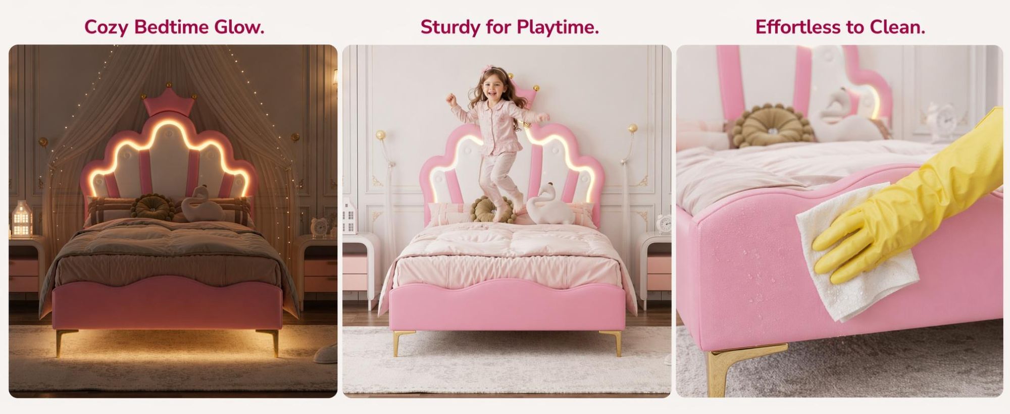 Polsterbett 90x200cm mit Lattenrost, Kinderbett mit Kronenförmigem Kopfteil, Jugendbett Einzelbett mit Led, Prinzessinnenbett Holzbett, PU，Rosa
