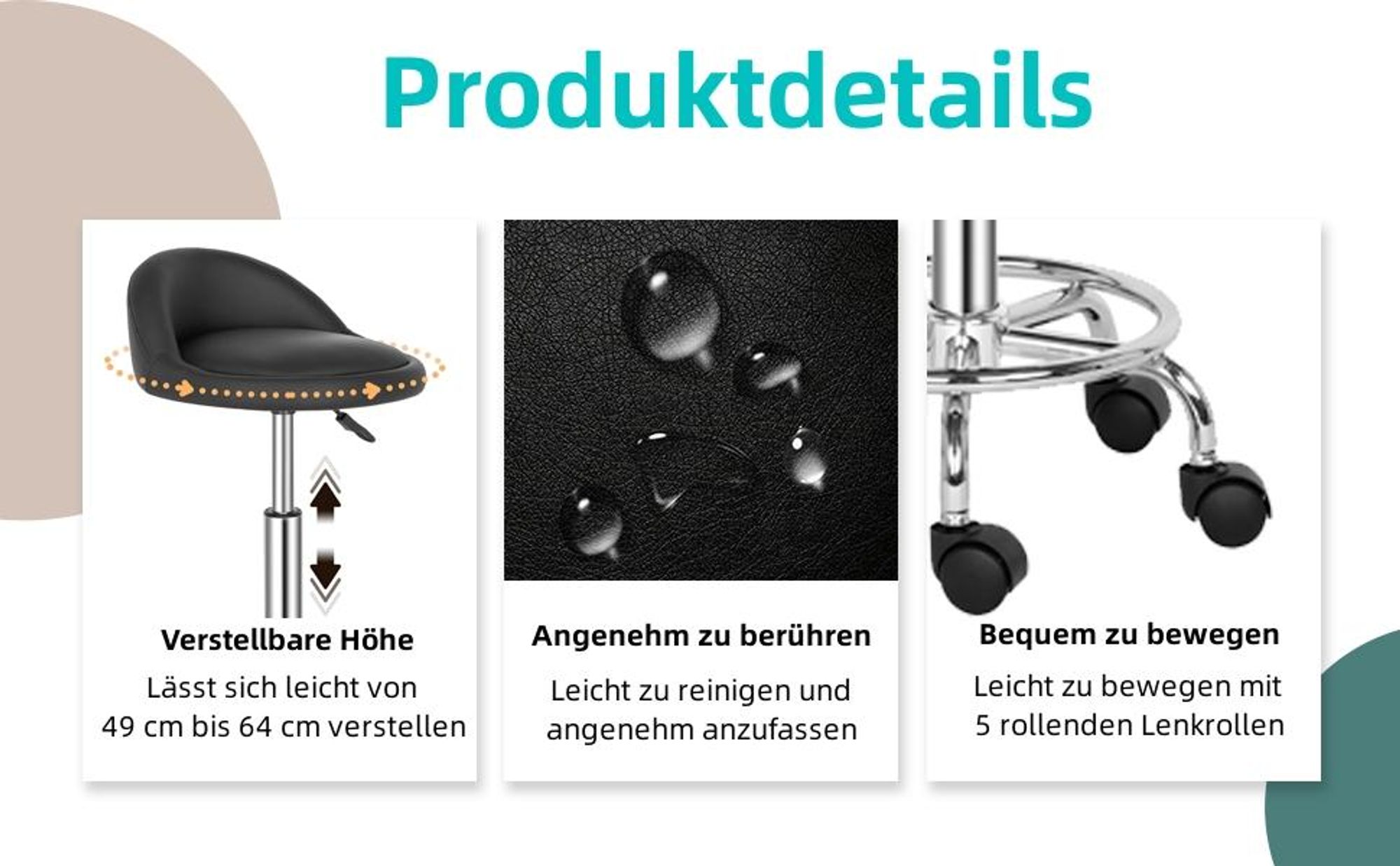 FCH Rollhocker Drehhocker Arbeitshocker Praxishocker Drehstuhl Bürohocker mit Rollen Rollhocker mit Lehne Arbeitshocker höhenverstellbar