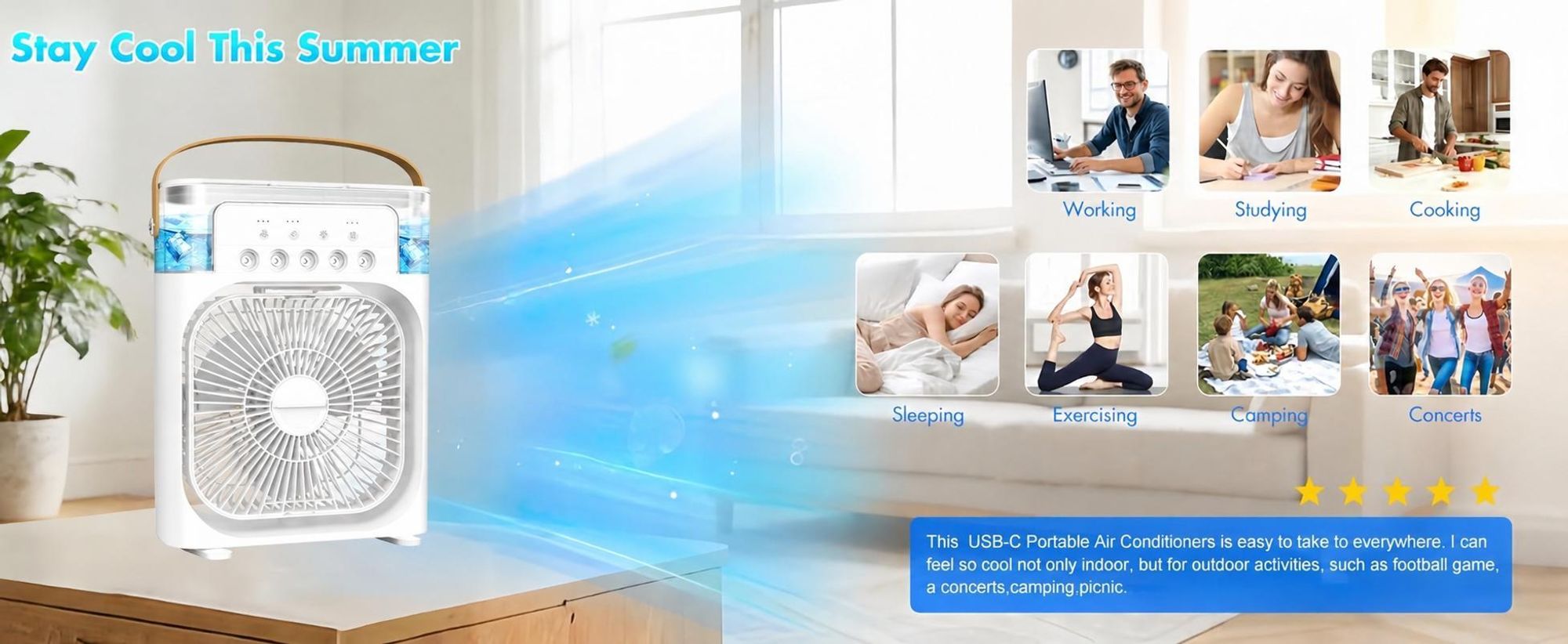4 in 1 Tragbare Klimaanlagen,Ventilator,3 Geschwindigkeiten,5 Sprüharten,Timer,Luftbefeuchter mit 600ml-Wassertank,USB-Ladefunktion Luftkühler,leiser