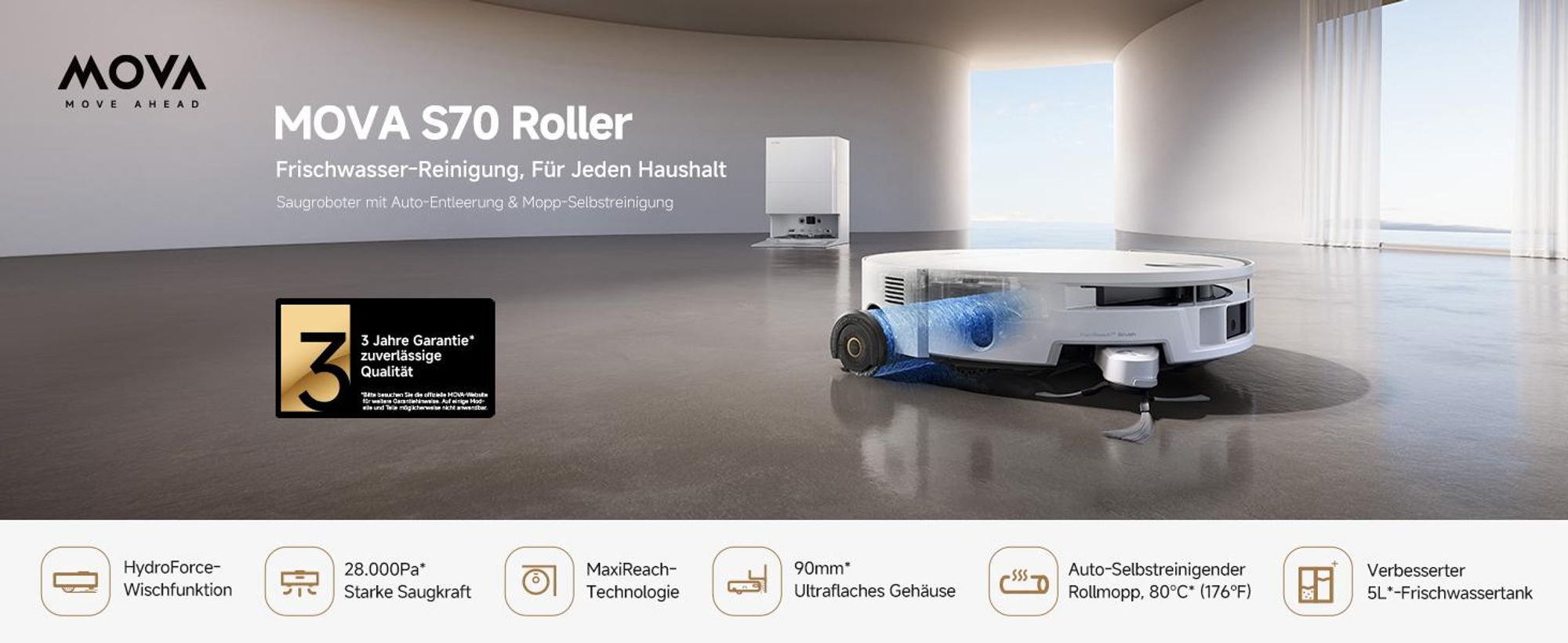 MOVA S70 Roller Saugroboter mit Wischfunktion und Station, 28000Pa, 80°C Heißwasser, Dual-Laser Navigation, 17N Druck, 3.2L Staubbeutel
