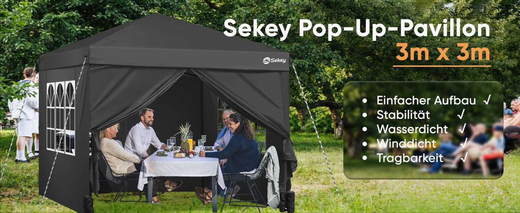 Sekey Faltpavillon 3x3 mit 4 Seitenwänden und mit 4 Sandsäcke, Wasserdicht Pop Up Pavillon für Camping, Festival, Events, Picknicks, Schwarz